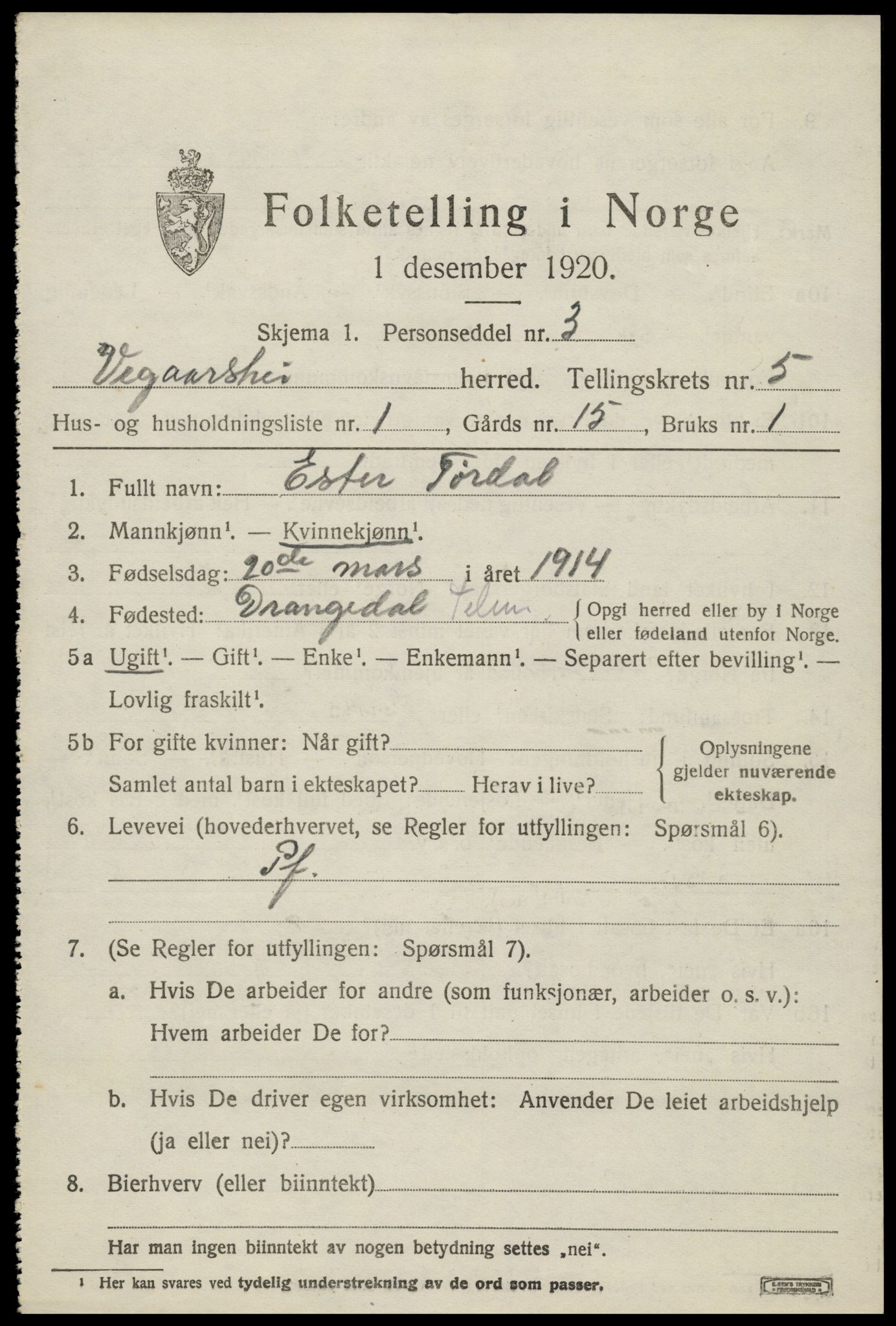 SAK, 1920 census for Vegårshei, 1920, p. 1906