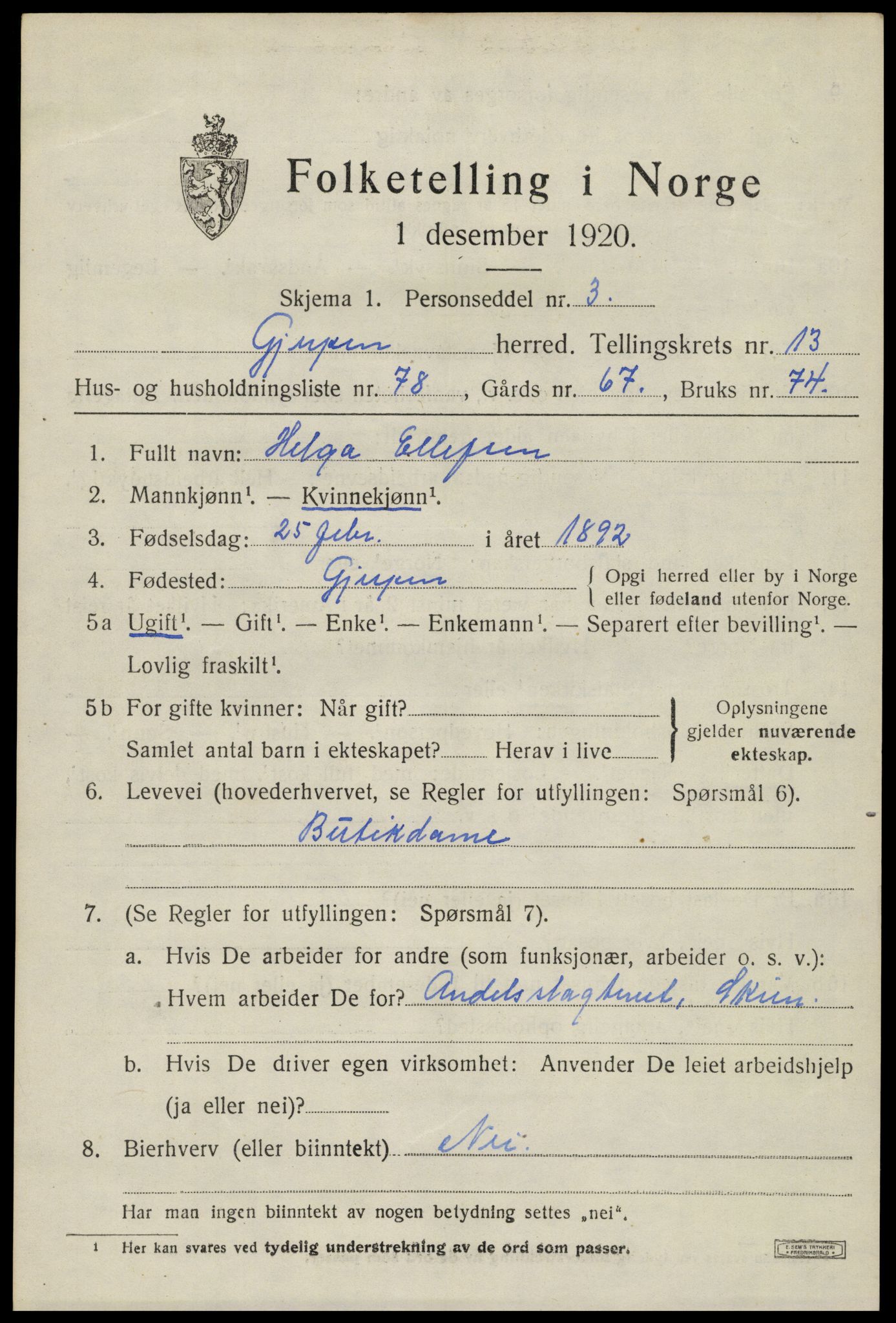 SAKO, 1920 census for Gjerpen, 1920, p. 14966