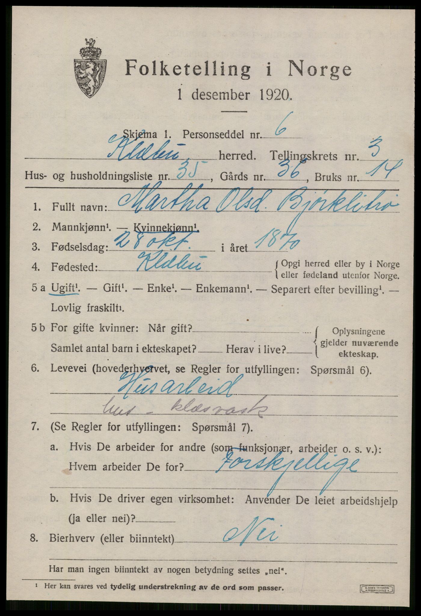 SAT, 1920 census for Klæbu, 1920, p. 2068