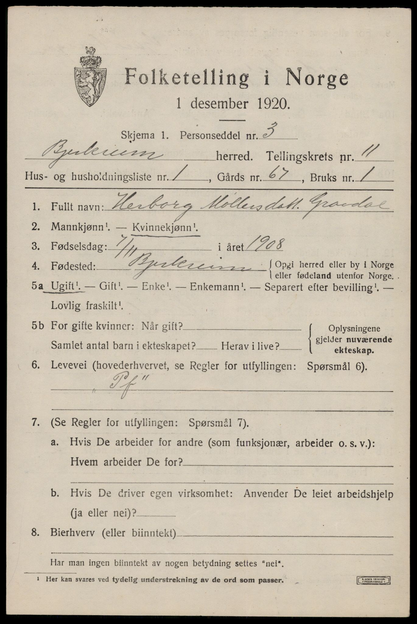 SAST, 1920 census for Bjerkreim, 1920, p. 3412