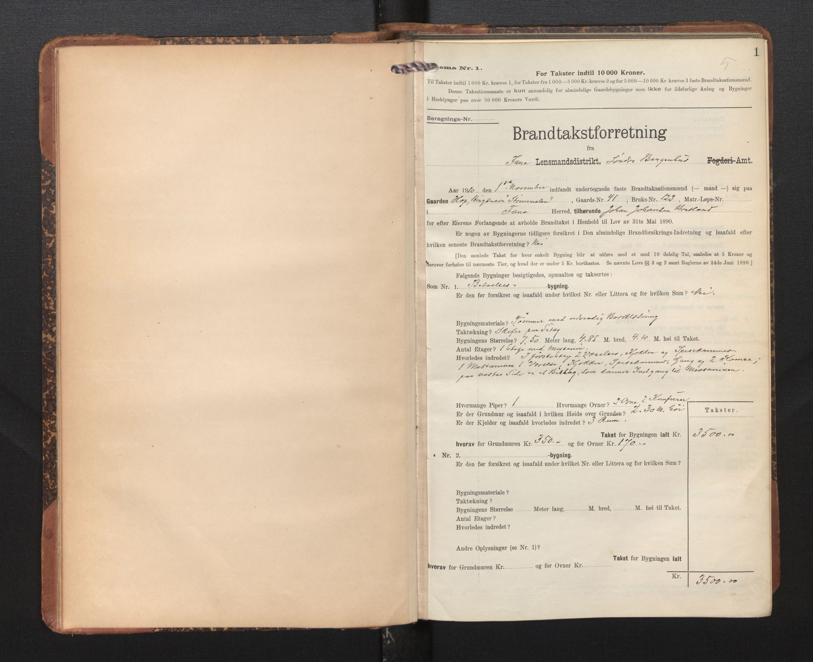 Lensmannen i Fana, AV/SAB-A-31801/0012/L0019: Branntakstprotokoll skjematakst, 1910-1913, p. 1