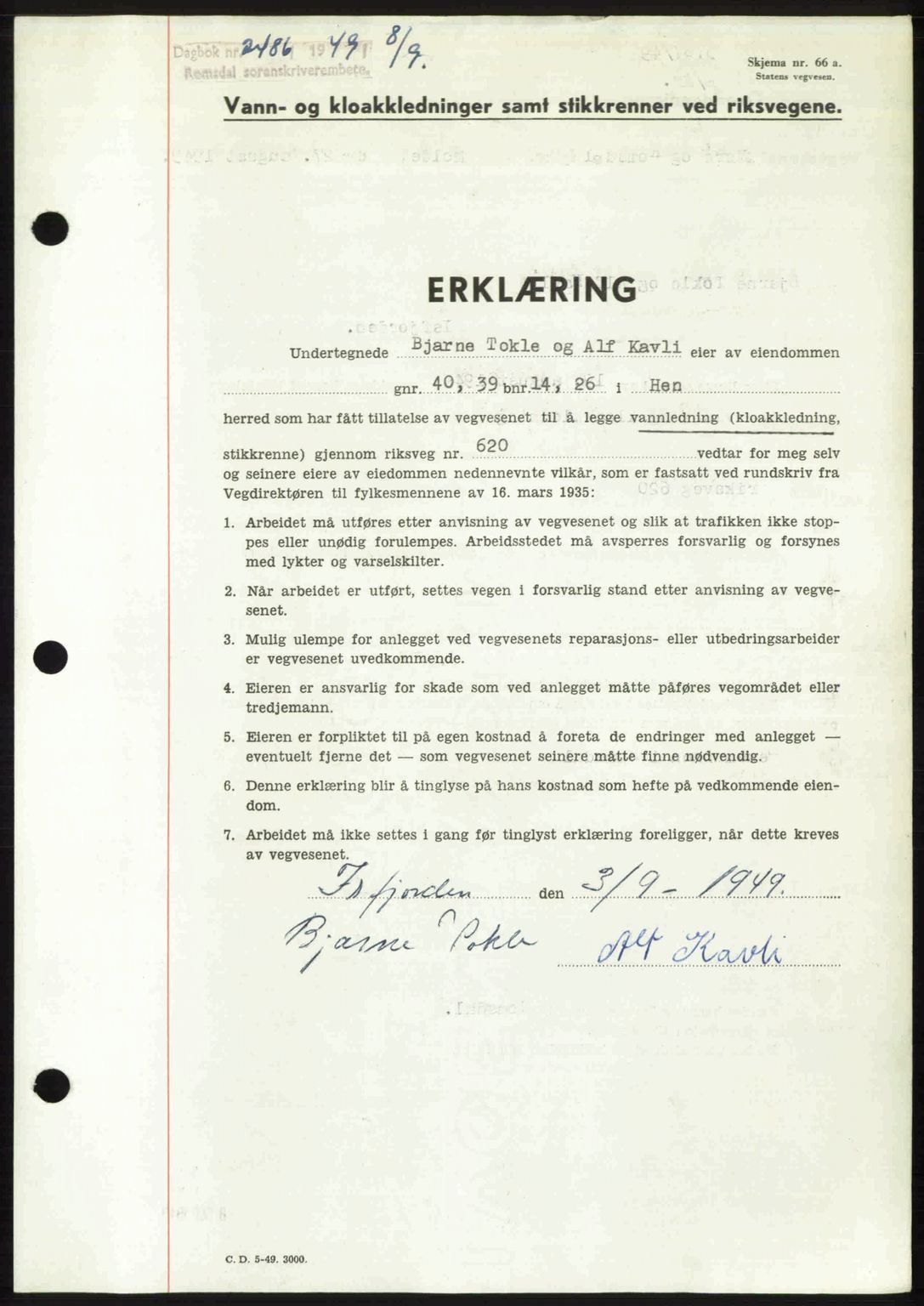 Romsdal sorenskriveri, AV/SAT-A-4149/1/2/2C: Mortgage book no. A30, 1949-1949, Diary no: : 2486/1949