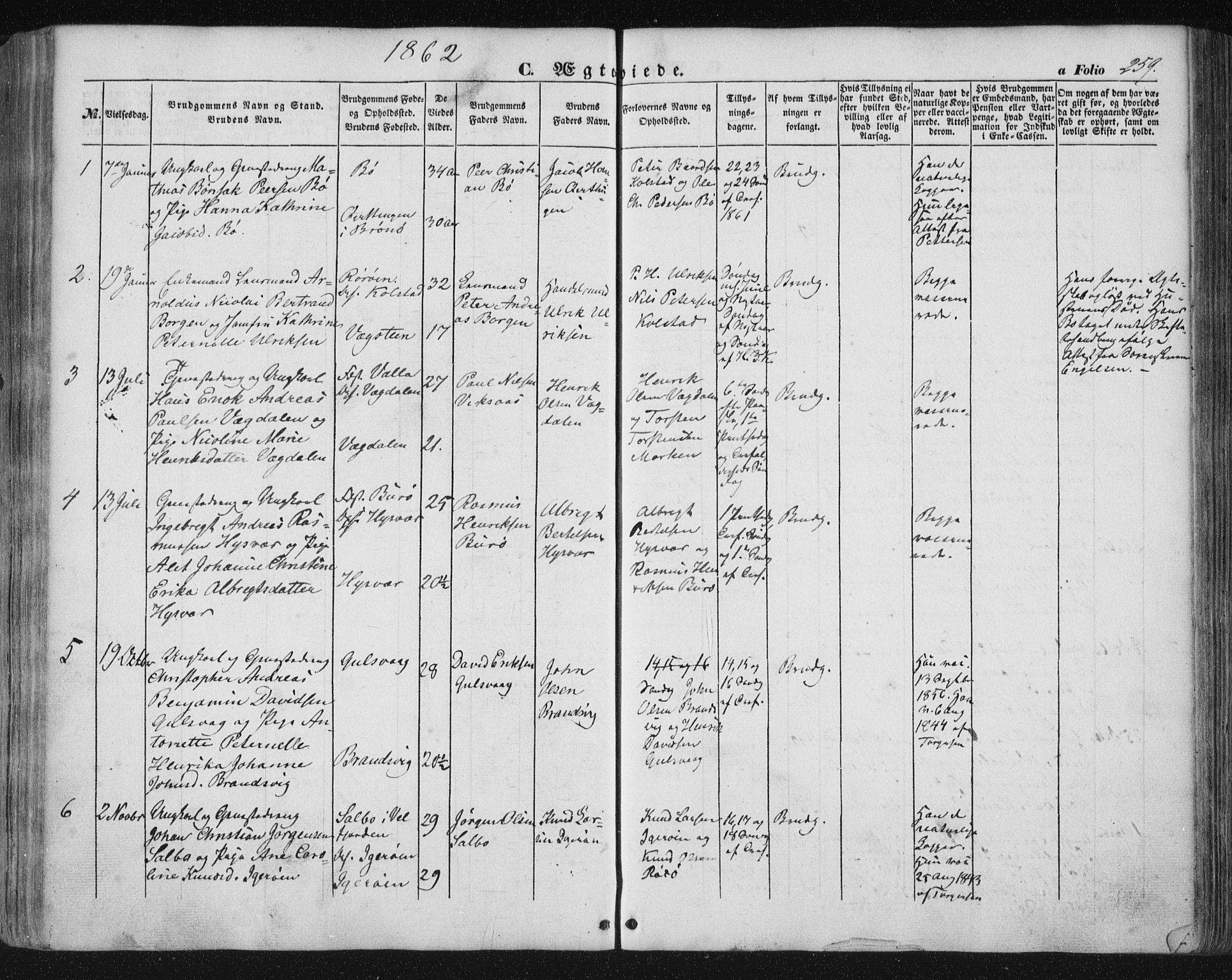 Ministerialprotokoller, klokkerbøker og fødselsregistre - Nordland, AV/SAT-A-1459/816/L0240: Parish register (official) no. 816A06, 1846-1870, p. 259