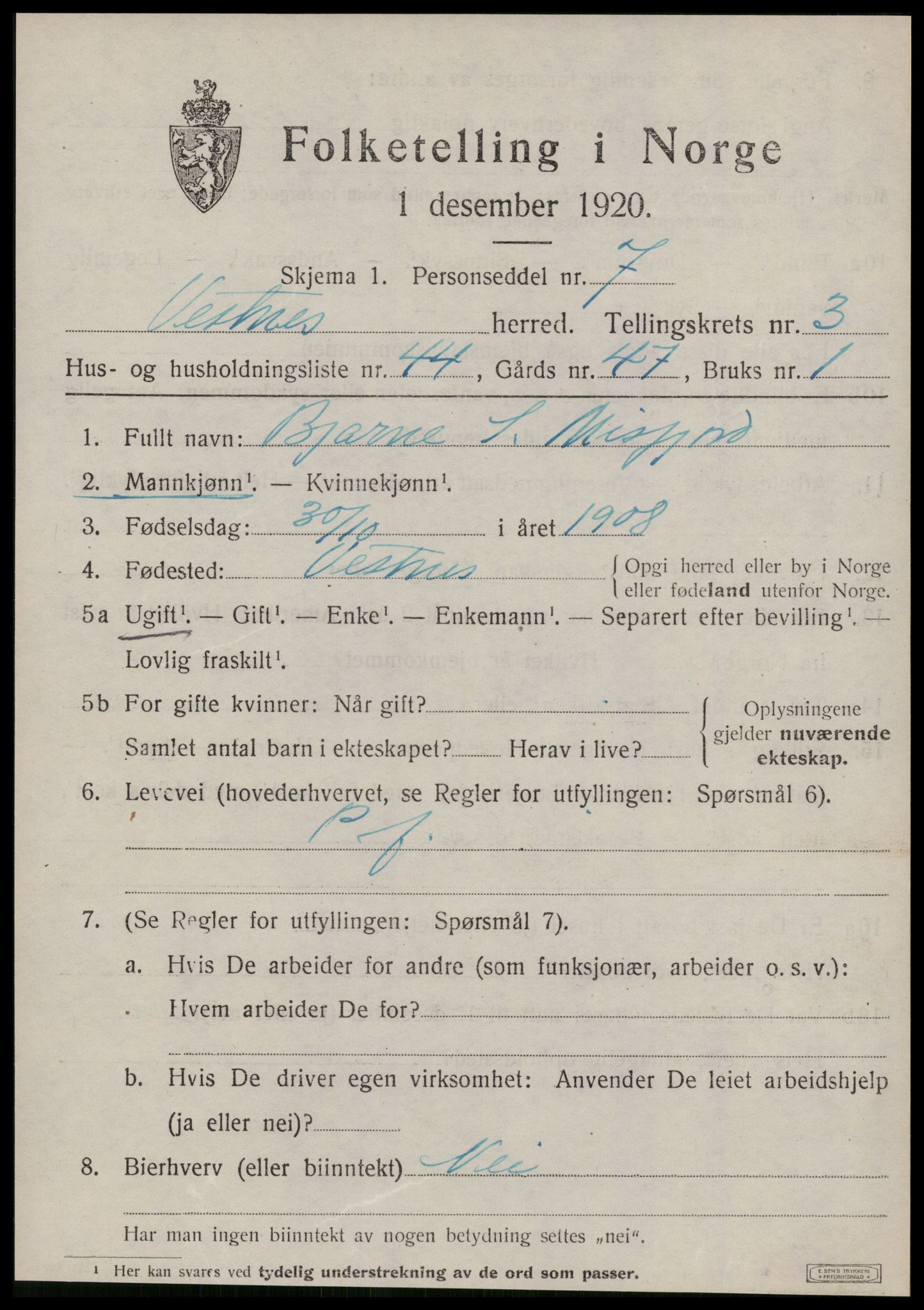 SAT, 1920 census for Vestnes, 1920, p. 3133