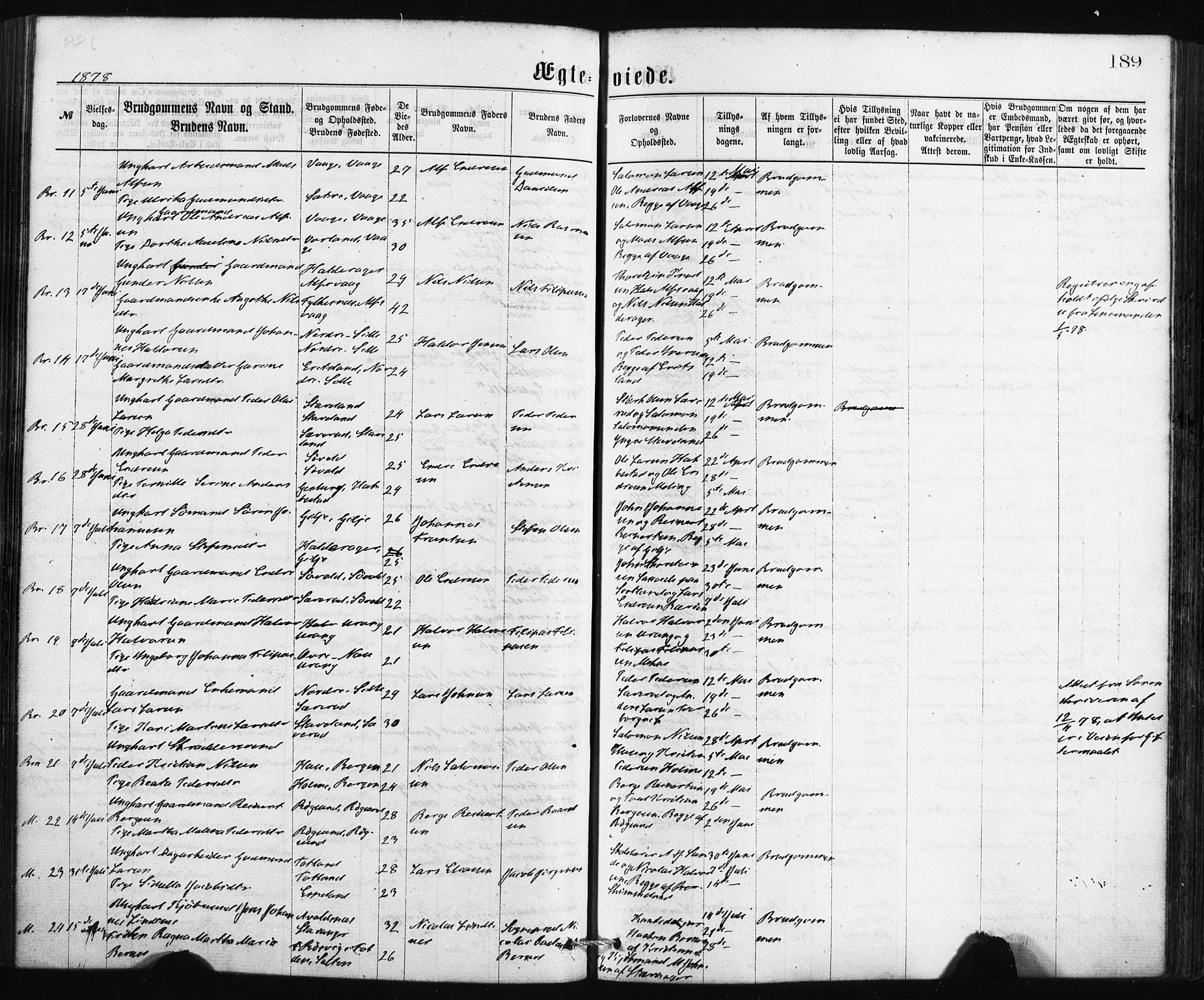 Finnås sokneprestembete, AV/SAB-A-99925/H/Ha/Haa/Haaa/L0009: Parish register (official) no. A 9, 1873-1881, p. 189