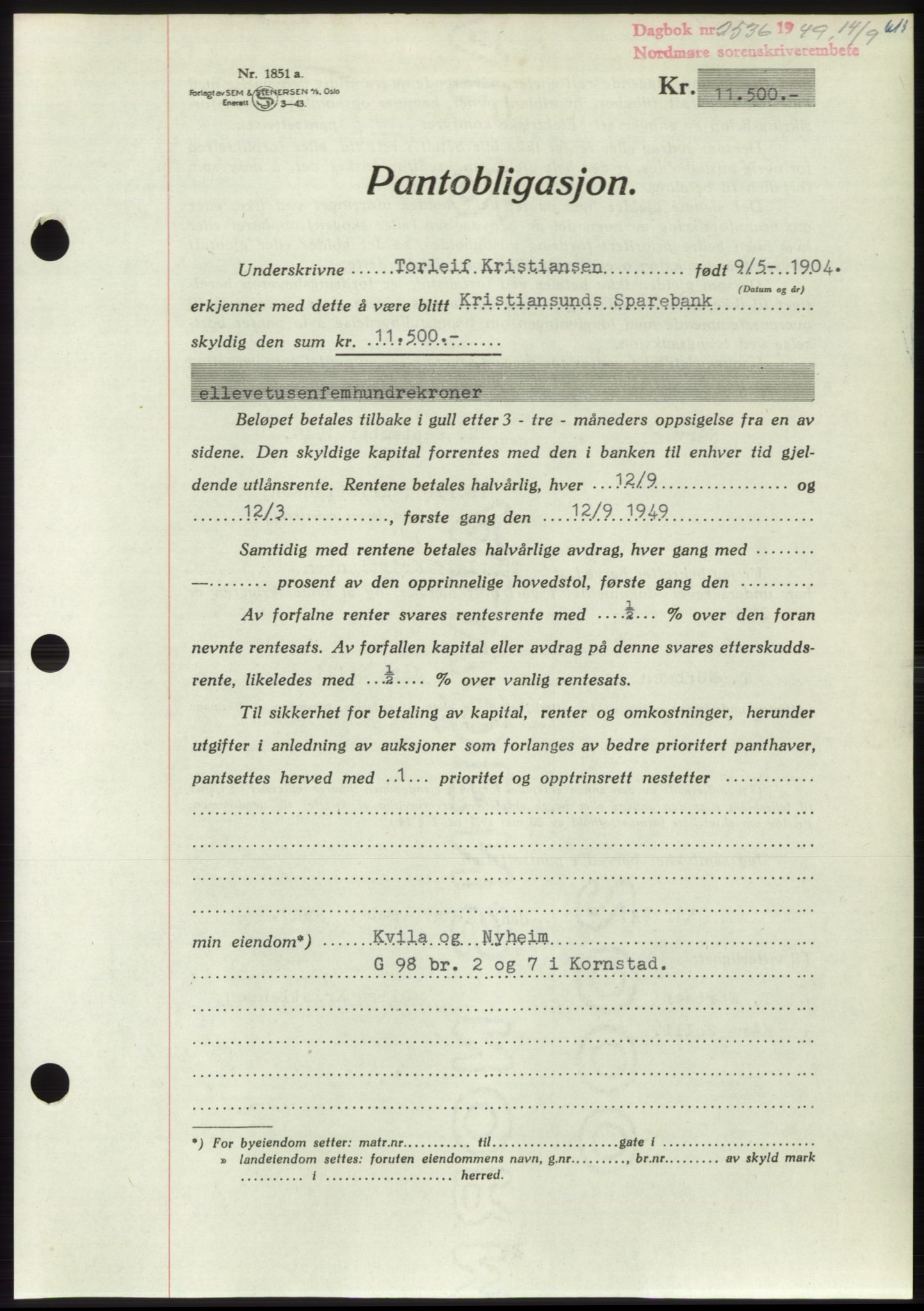 Nordmøre sorenskriveri, AV/SAT-A-4132/1/2/2Ca: Mortgage book no. B102, 1949-1949, Diary no: : 2536/1949