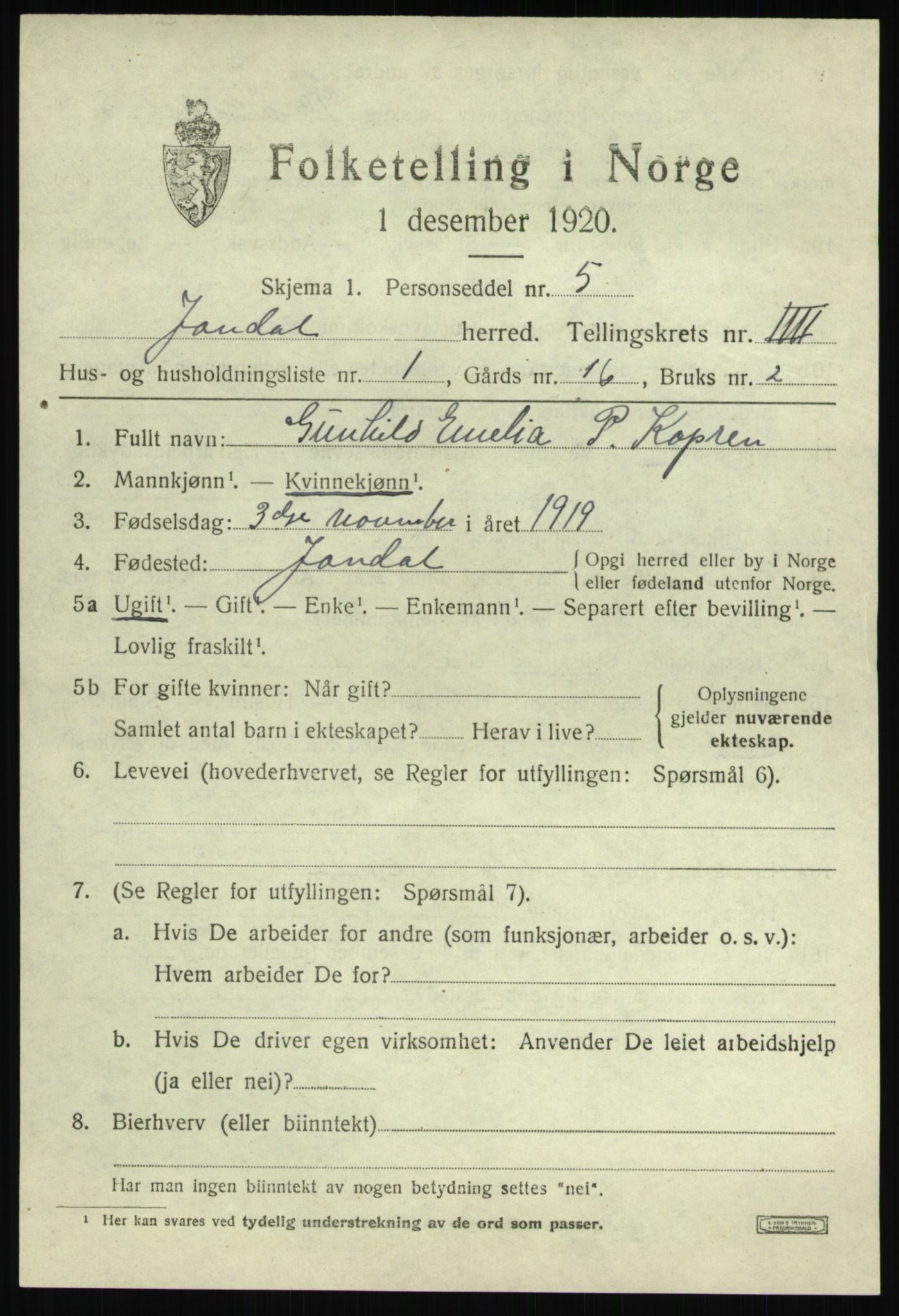 SAB, 1920 census for Jondal, 1920, p. 2216