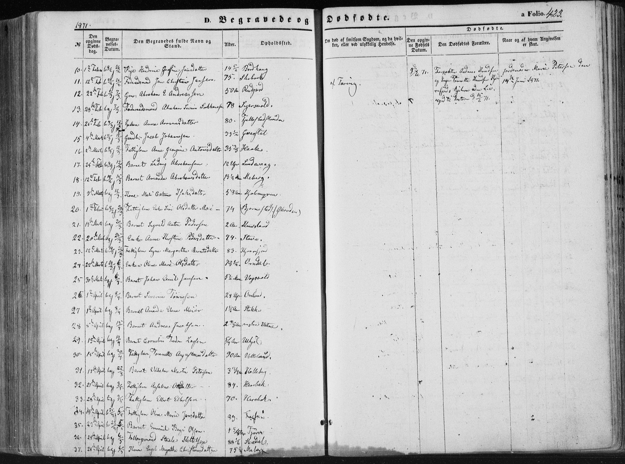 Lista sokneprestkontor, AV/SAK-1111-0027/F/Fa/L0011: Parish register (official) no. A 11, 1861-1878, p. 423