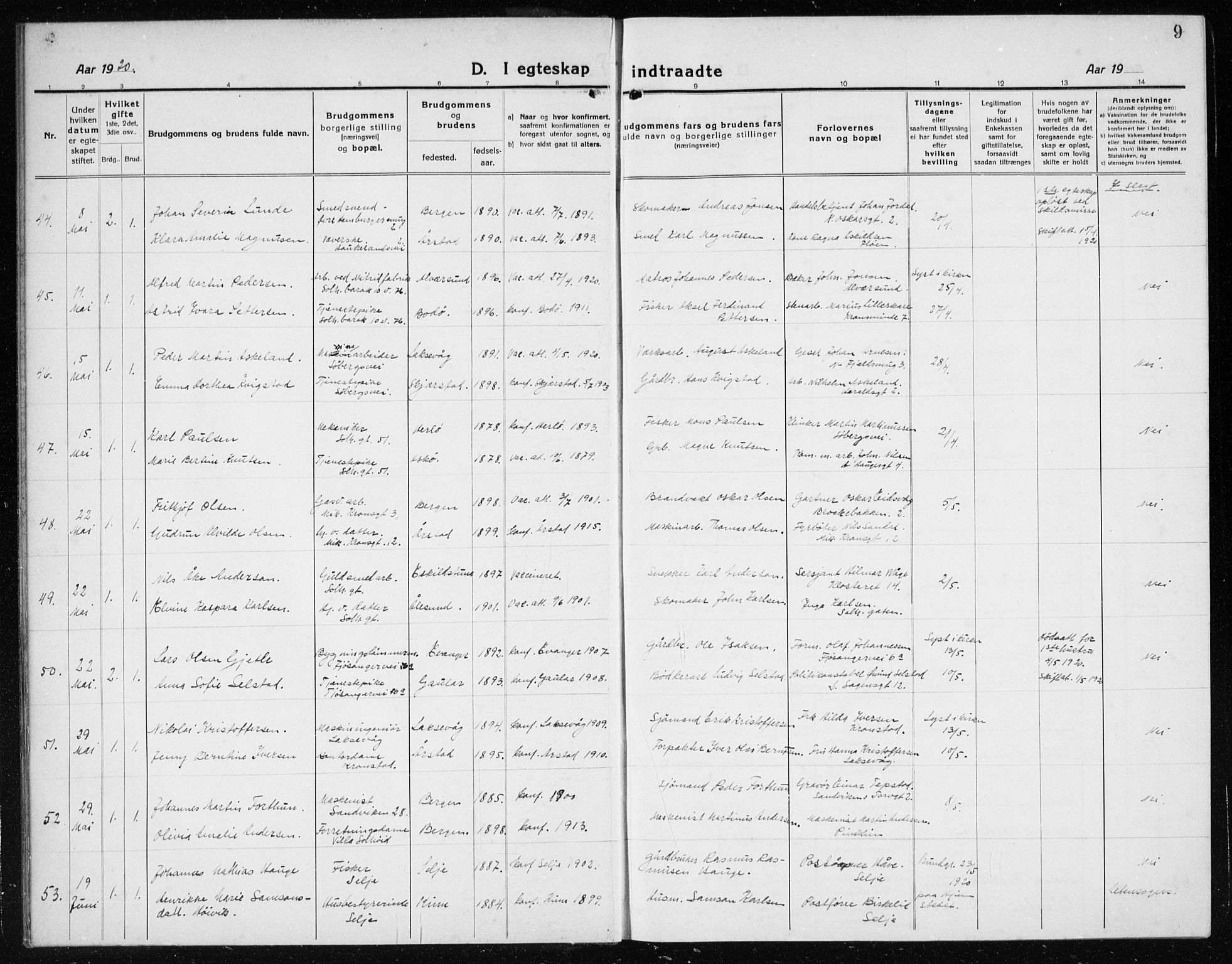 Årstad Sokneprestembete, AV/SAB-A-79301/H/Hab/L0020: Parish register (copy) no. C  2, 1920-1935, p. 9