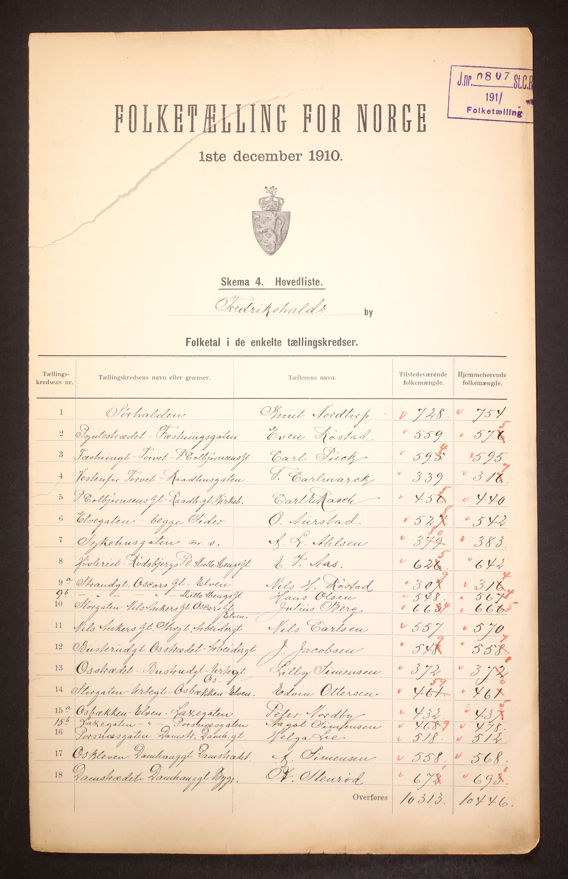RA, 1910 census for Fredrikshald, 1910, p. 2