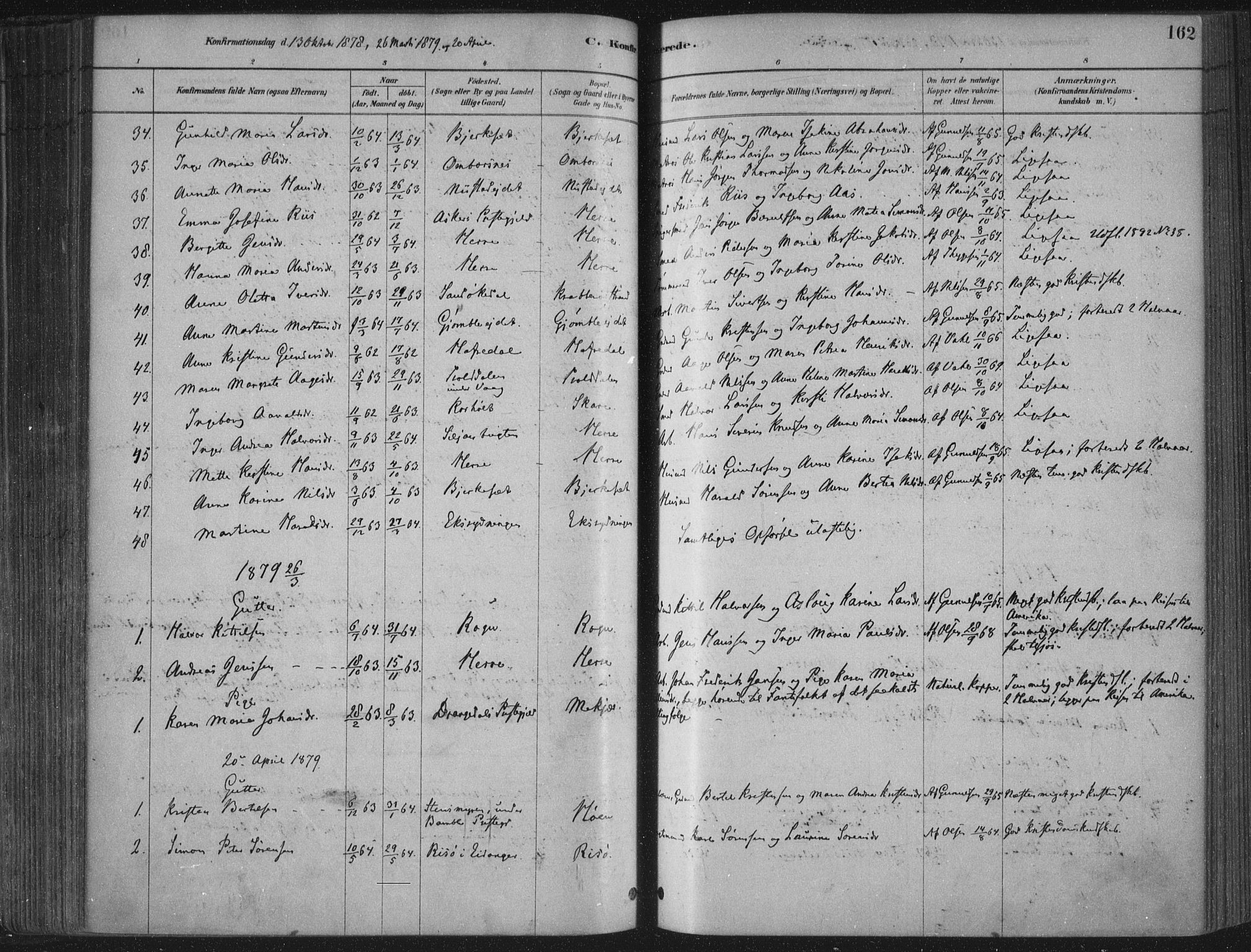 Bamble kirkebøker, SAKO/A-253/F/Fa/L0007: Parish register (official) no. I 7, 1878-1888, p. 162