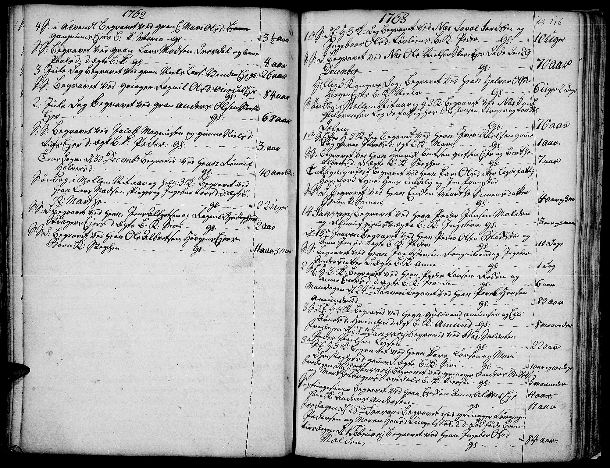 Gran prestekontor, SAH/PREST-112/H/Ha/Haa/L0004: Parish register (official) no. 4, 1759-1775, p. 216