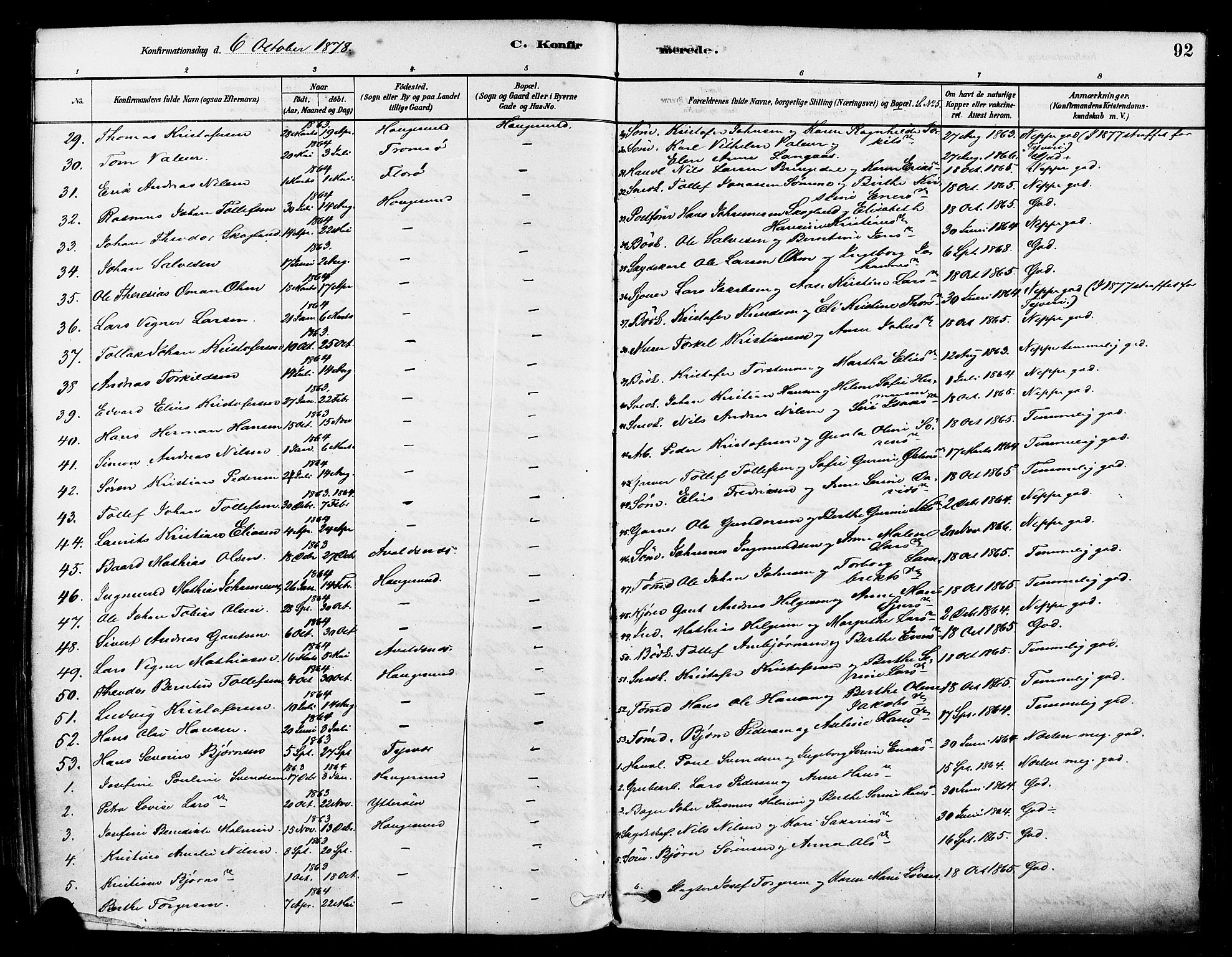Haugesund sokneprestkontor, AV/SAST-A -101863/H/Ha/Haa/L0001: Parish register (official) no. A 1, 1878-1885, p. 92