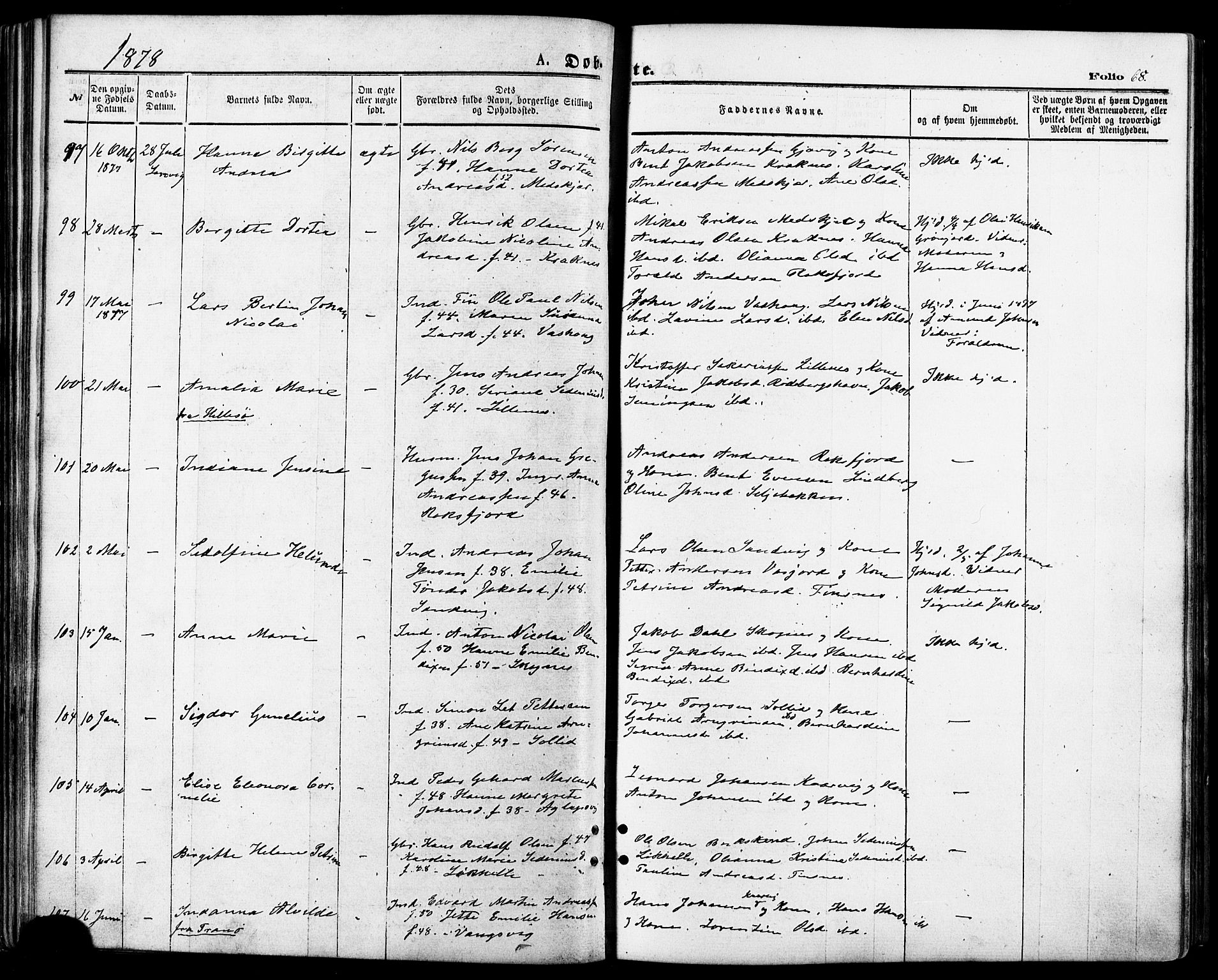 Lenvik sokneprestembete, SATØ/S-1310/H/Ha/Haa/L0010kirke: Parish register (official) no. 10, 1873-1880, p. 68