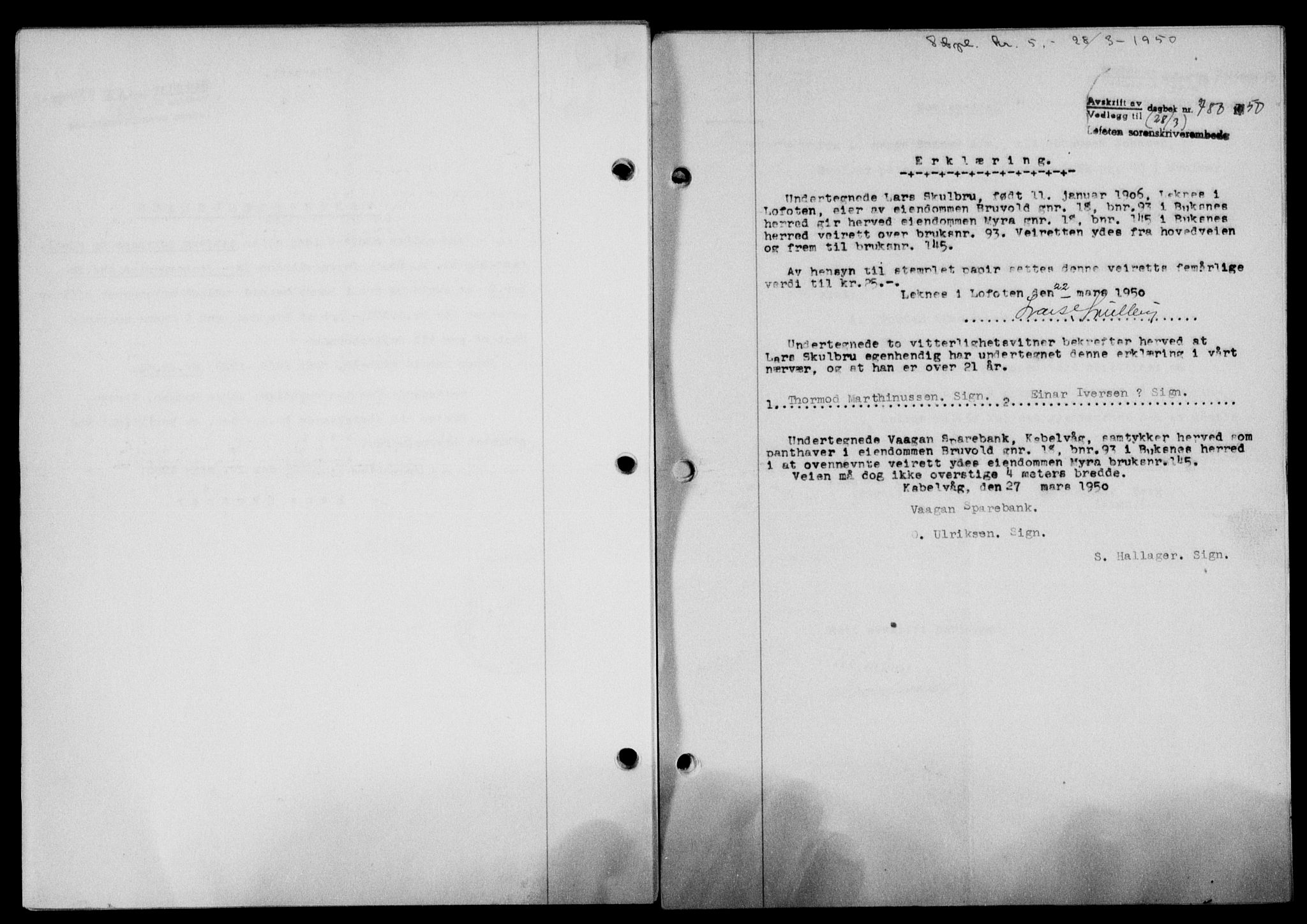 Lofoten sorenskriveri, SAT/A-0017/1/2/2C/L0023a: Mortgage book no. 23a, 1950-1950, Diary no: : 783/1950