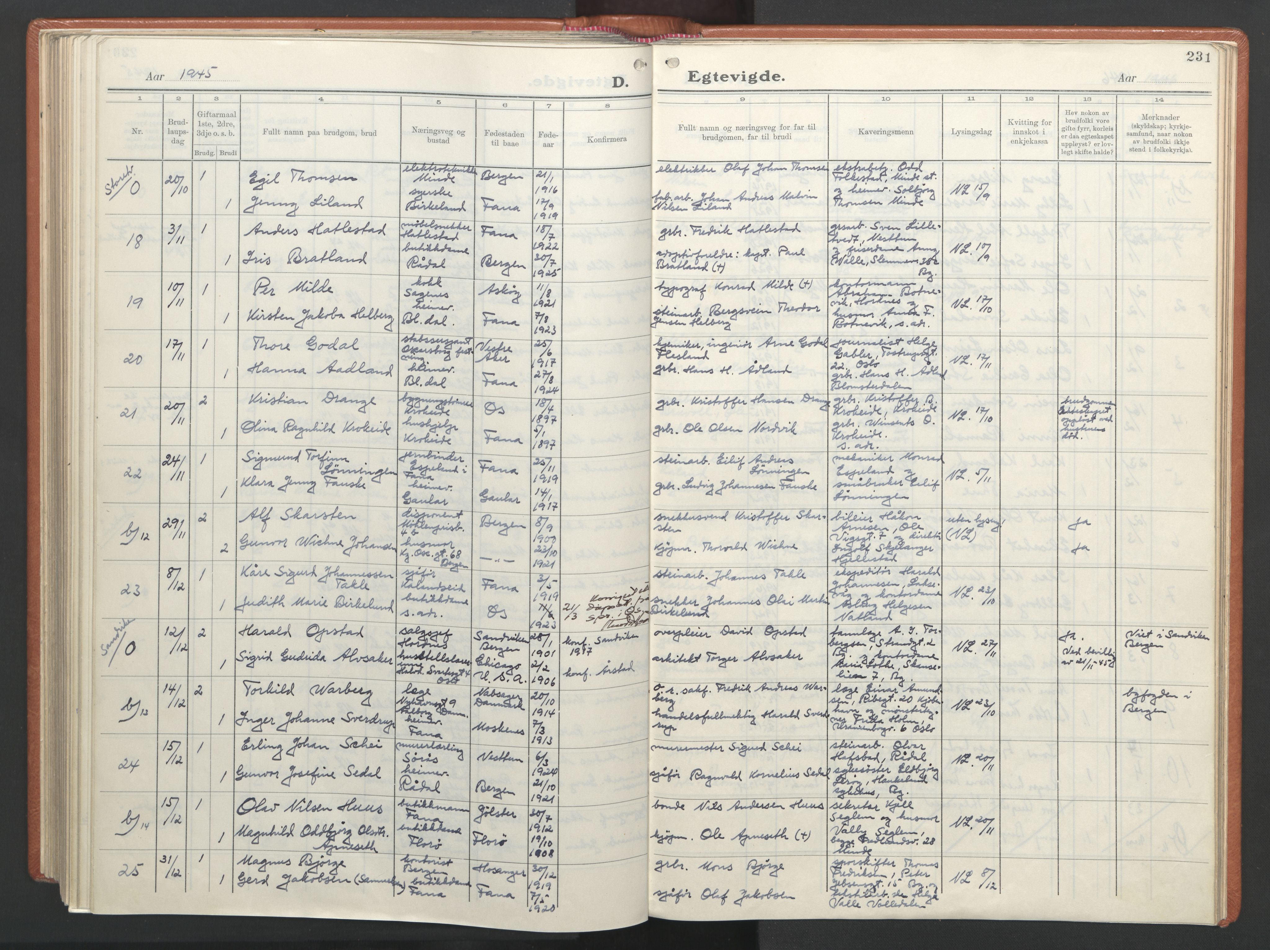 Fana Sokneprestembete, AV/SAB-A-75101/H/Haa/Haab/L0007: Parish register (official) no. B 7, 1934-1947, p. 231