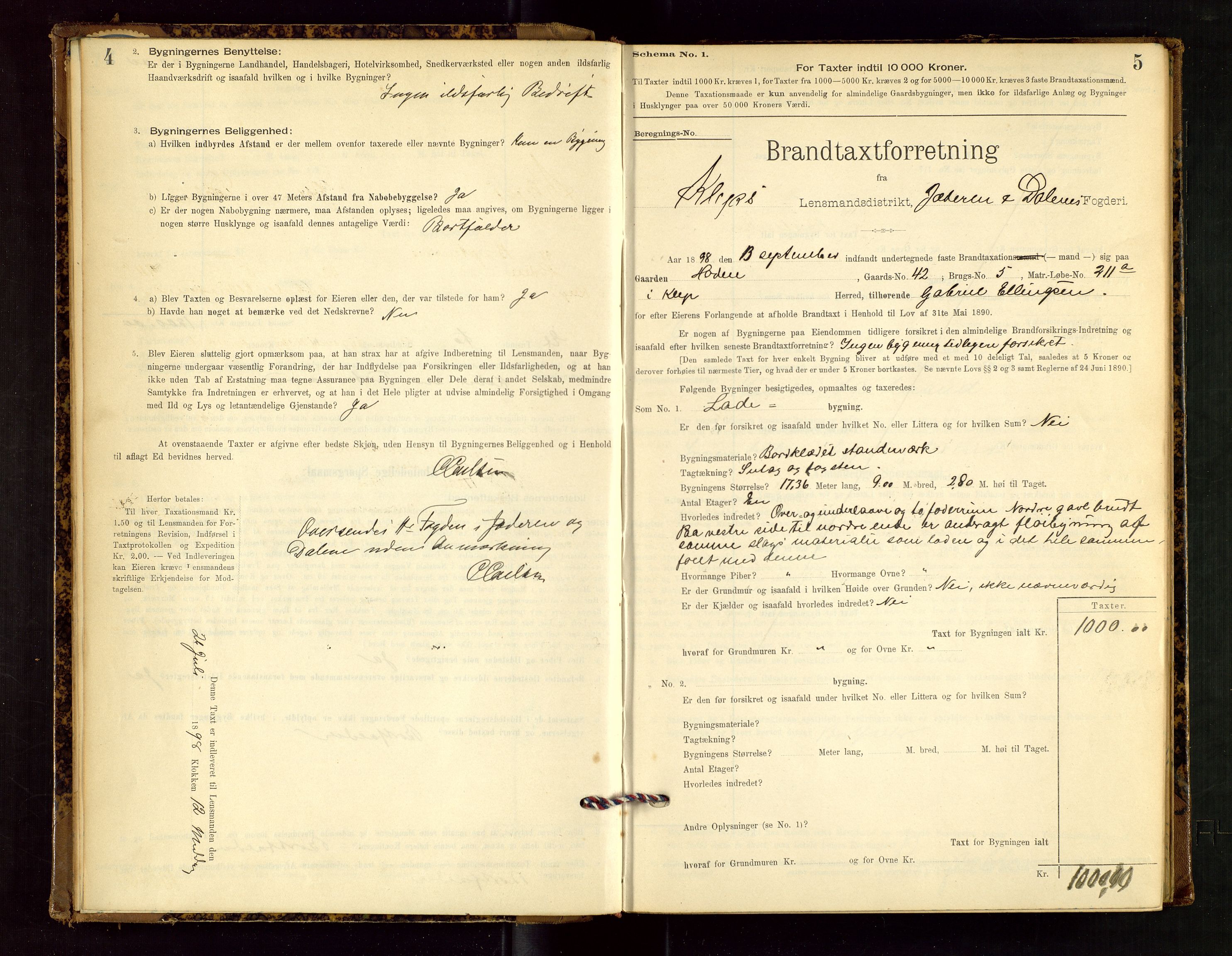 Klepp lensmannskontor, AV/SAST-A-100163/Goc/L0002: "Brandtaxationsprotokol" m/register, 1898-1902, p. 4-5