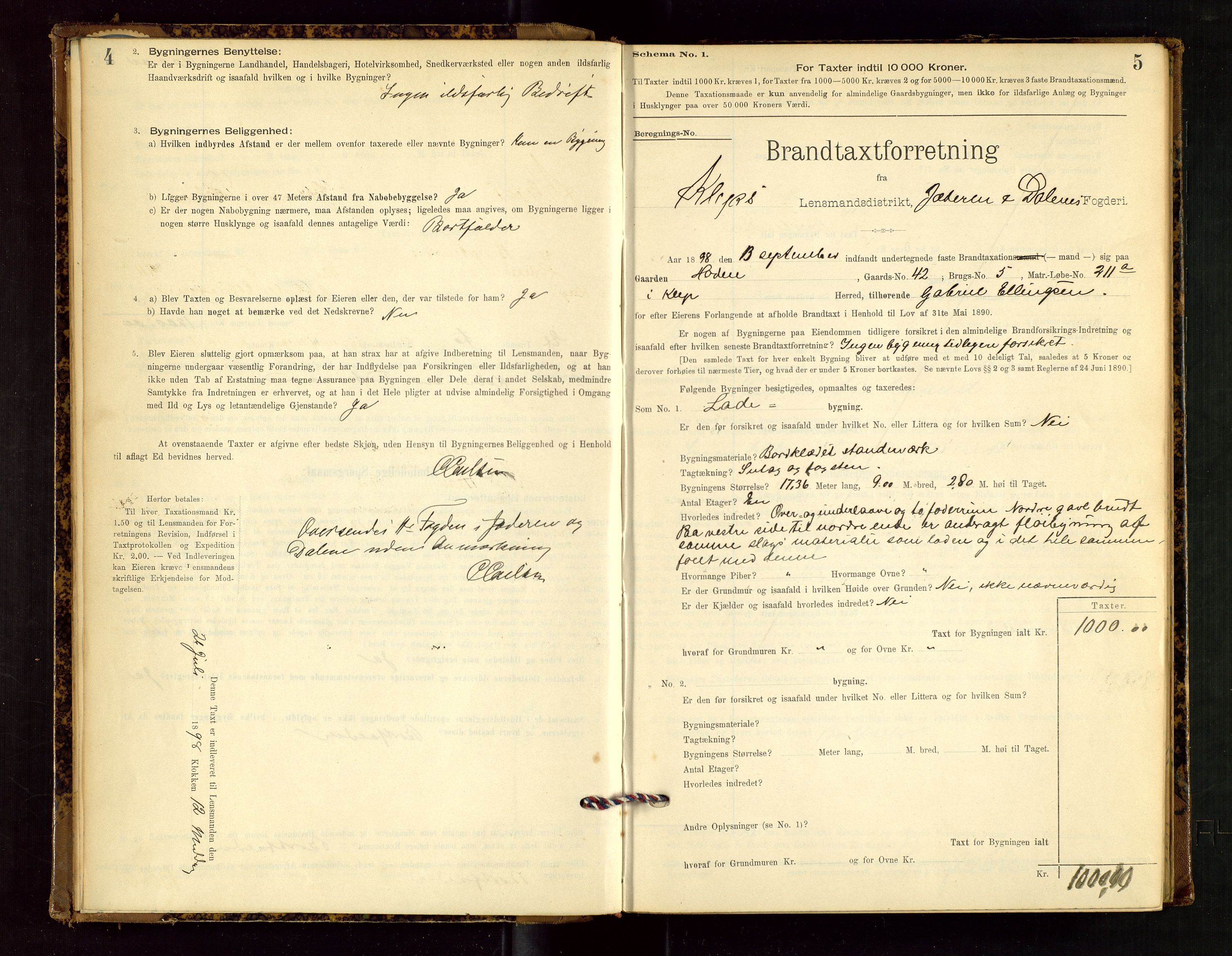 Klepp lensmannskontor, SAST/A-100163/Goc/L0002: "Brandtaxationsprotokol" m/register, 1898-1902, p. 4-5