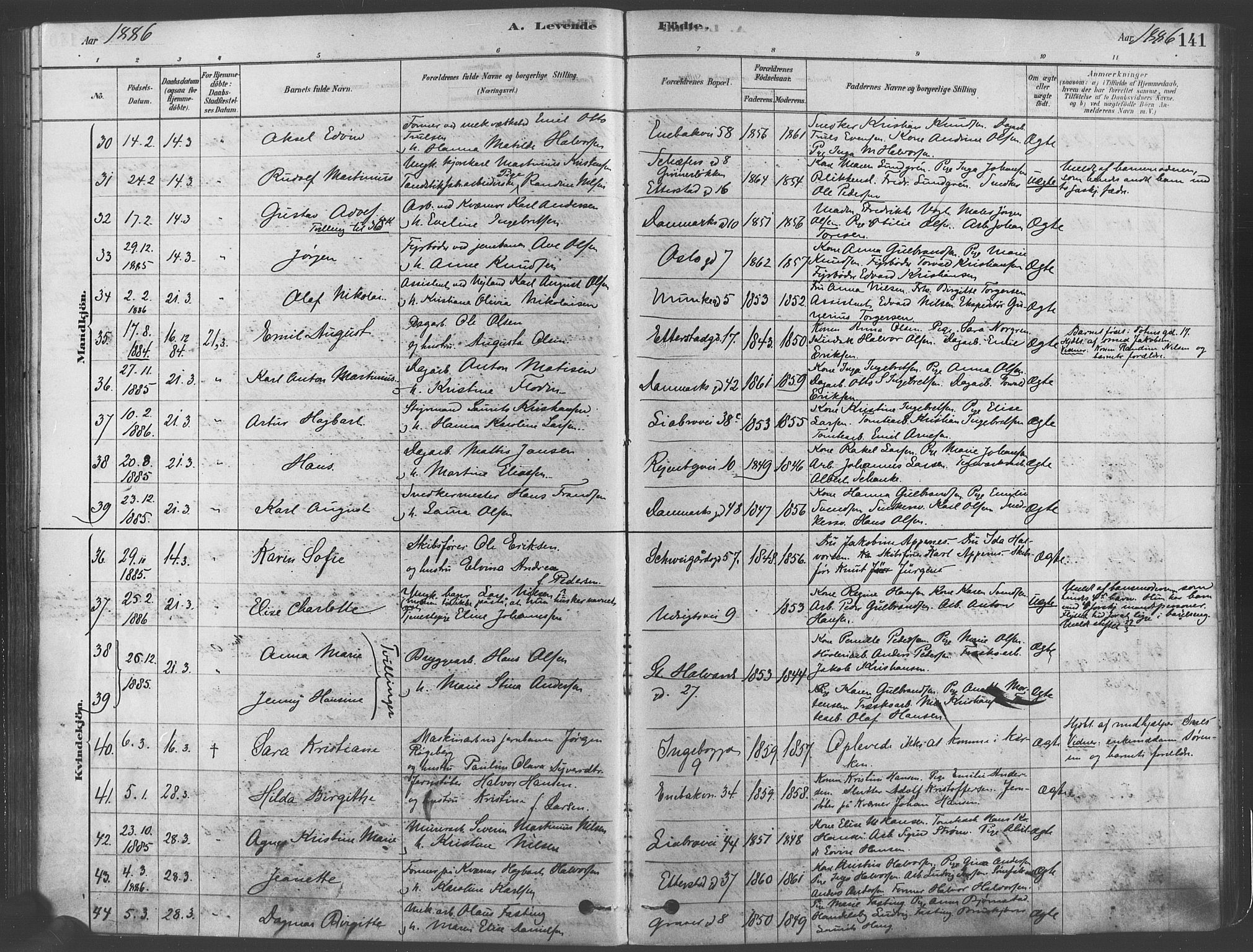 Gamlebyen prestekontor Kirkebøker, SAO/A-10884/F/Fa/L0005: Parish register (official) no. 5, 1878-1889, p. 141