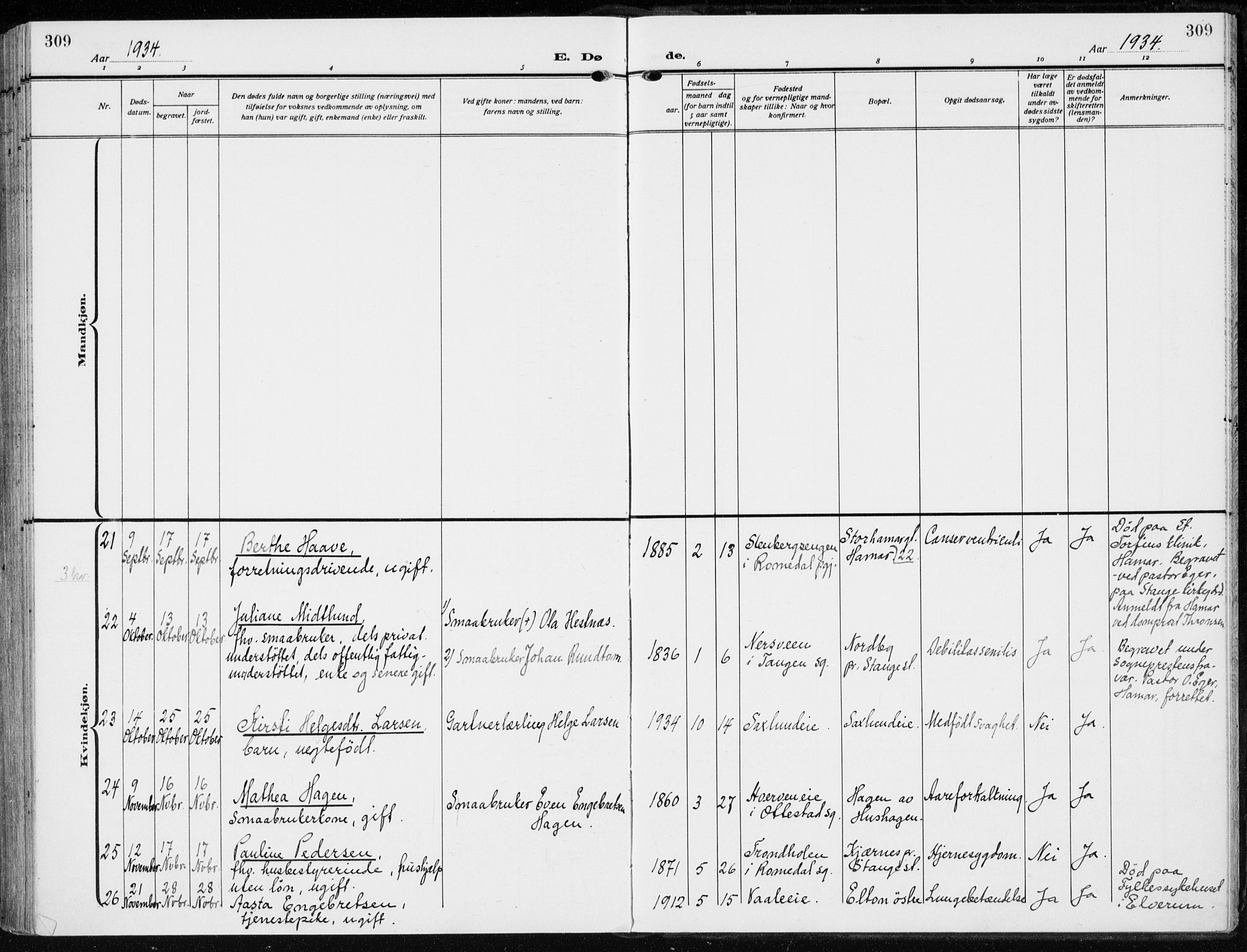 Stange prestekontor, SAH/PREST-002/K/L0026: Parish register (official) no. 26, 1923-1937, p. 309