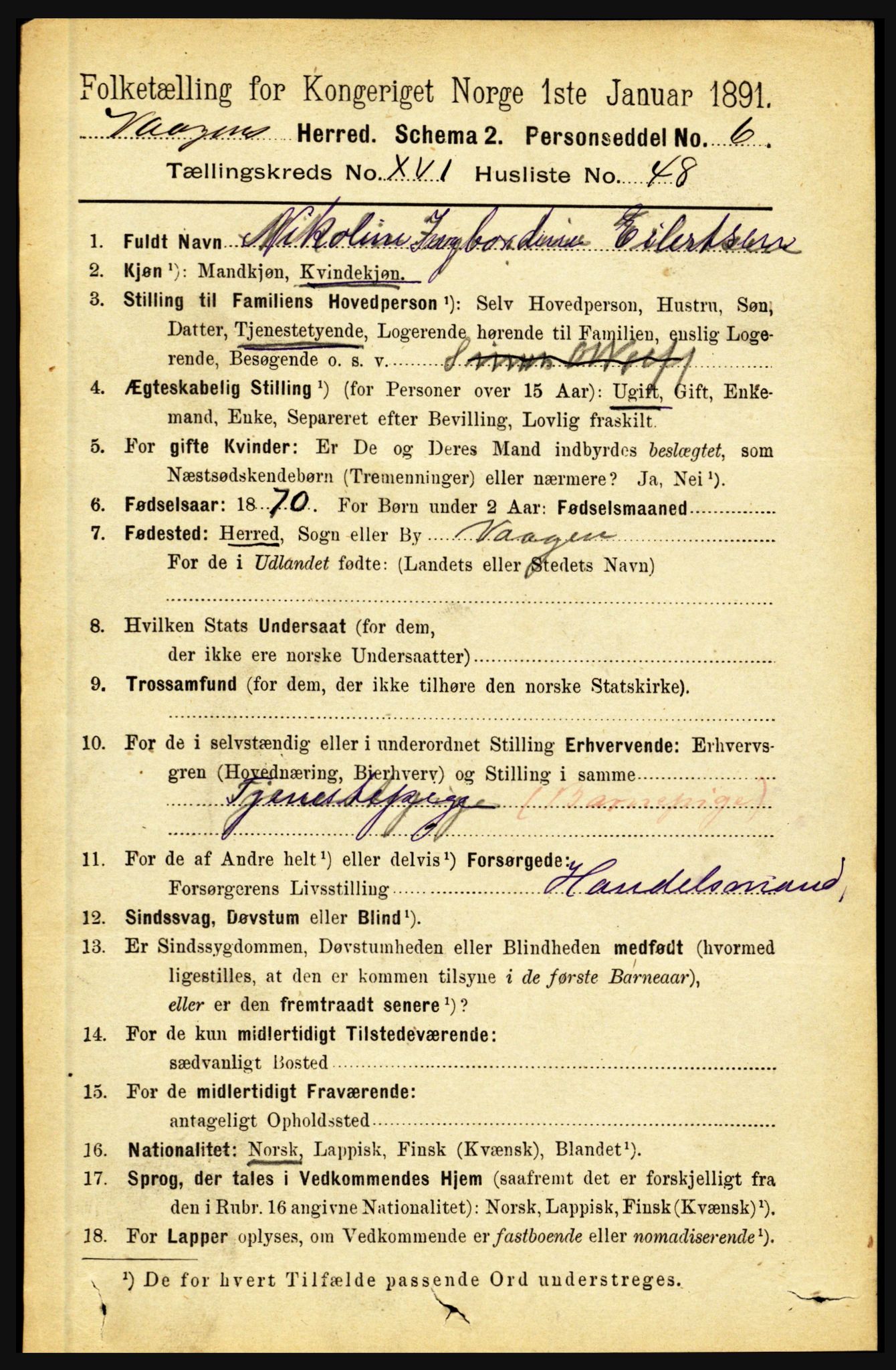 RA, 1891 census for 1865 Vågan, 1891, p. 4877