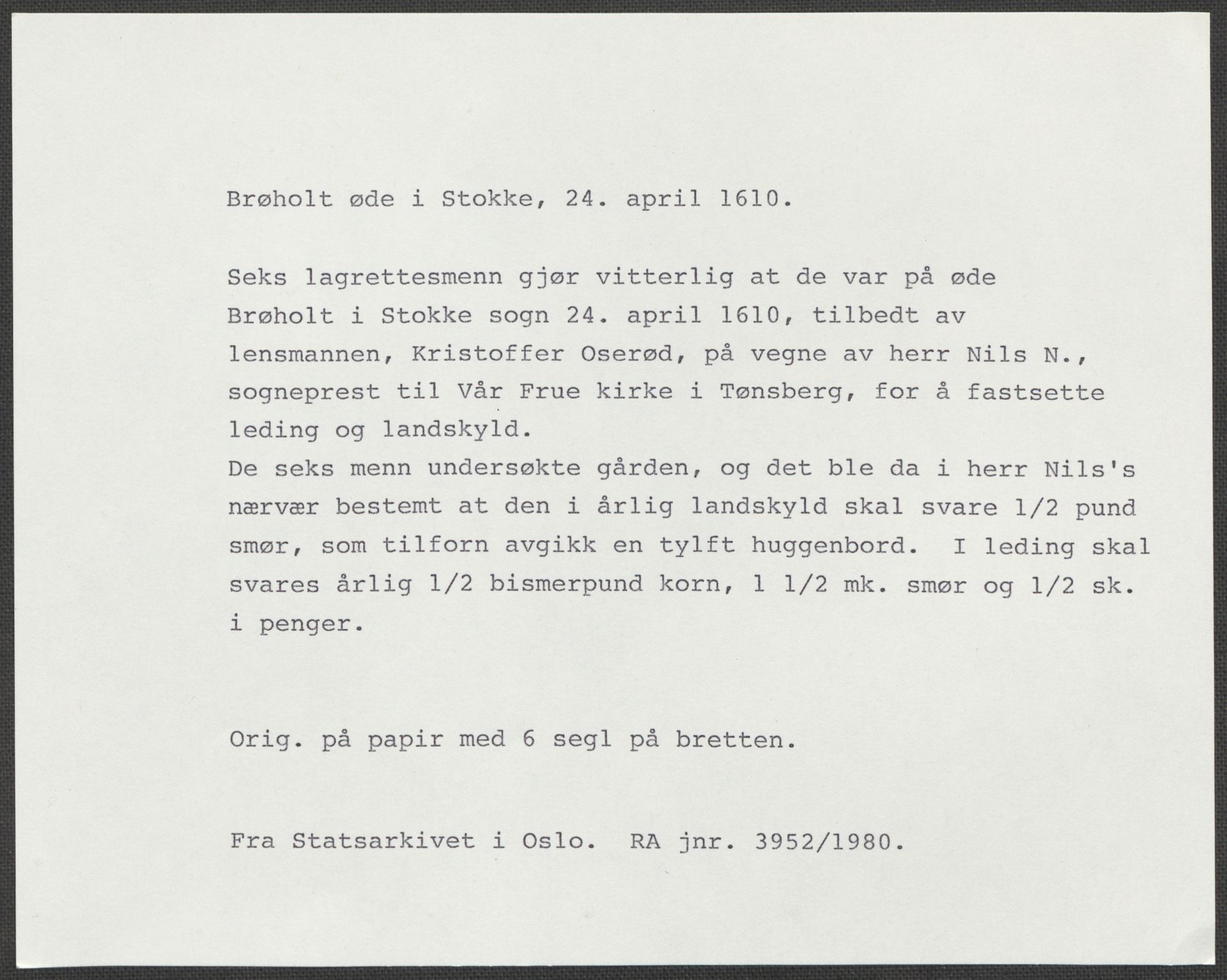 Riksarkivets diplomsamling, RA/EA-5965/F15/L0022: Prestearkiv - Vestfold, 1573-1670, p. 146