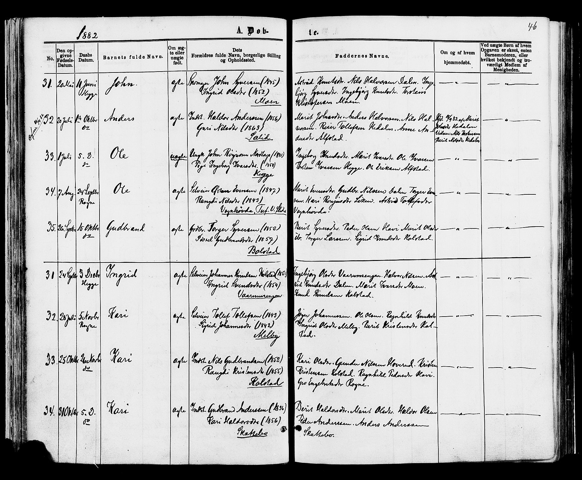 Øystre Slidre prestekontor, AV/SAH-PREST-138/H/Ha/Haa/L0002: Parish register (official) no. 2, 1874-1886, p. 46