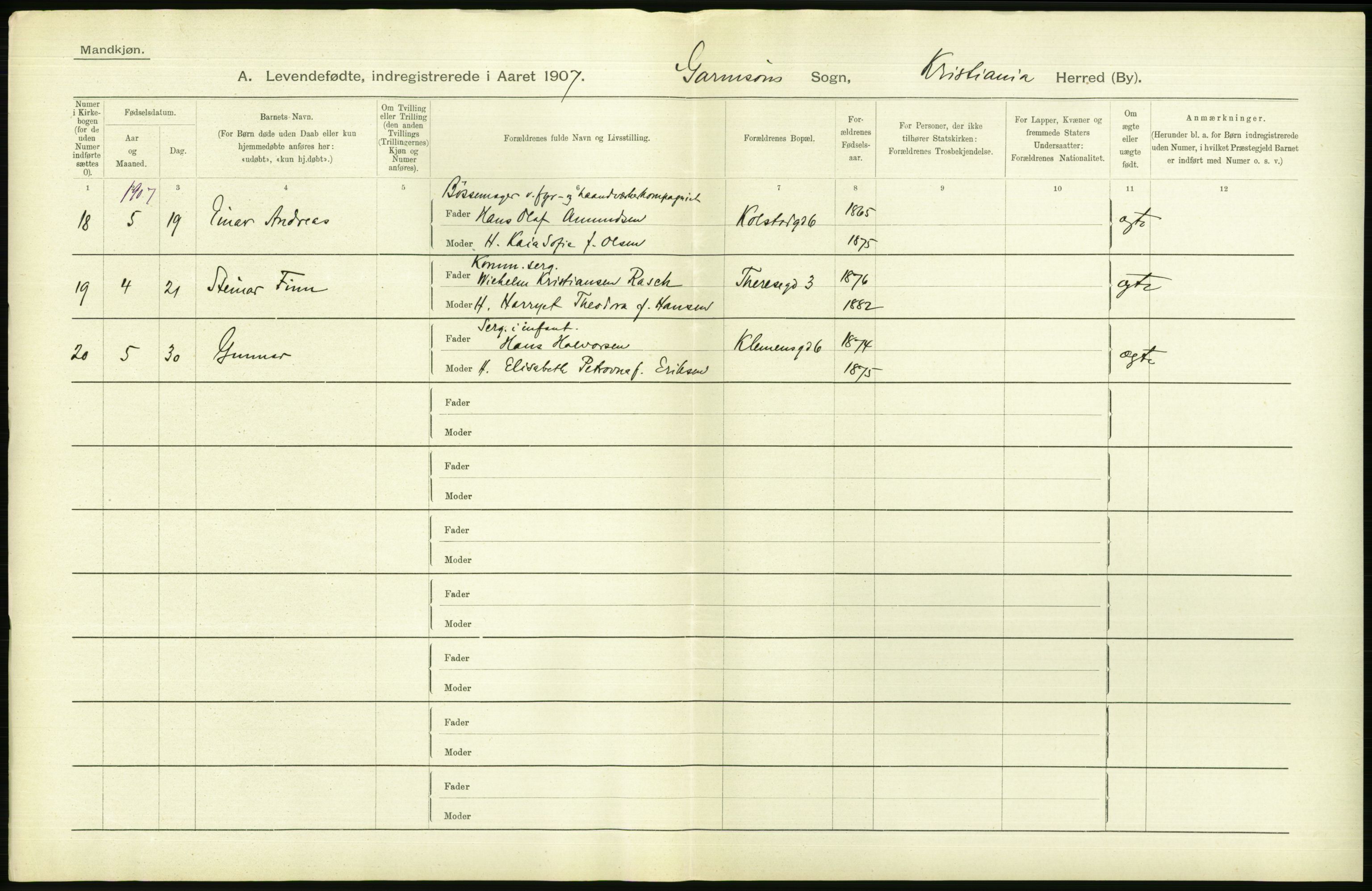 Statistisk sentralbyrå, Sosiodemografiske emner, Befolkning, AV/RA-S-2228/D/Df/Dfa/Dfae/L0007: Kristiania: Levendefødte menn og kvinner., 1907, p. 704