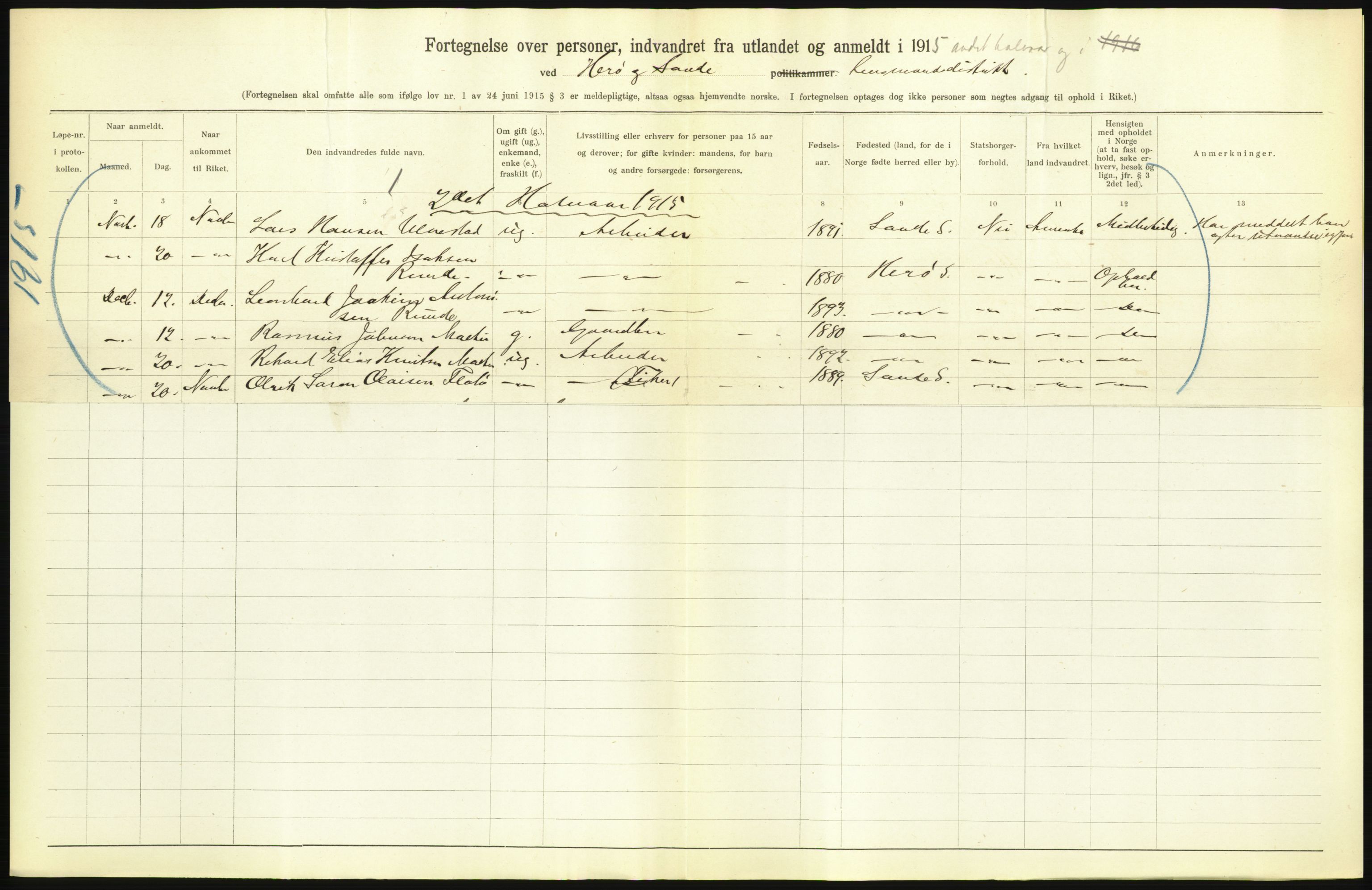 Statistisk sentralbyrå, Sosioøkonomiske emner, Folketellinger, boliger og boforhold, AV/RA-S-2231/F/Fa/L0001: Innvandring. Navn/fylkesvis, 1915, p. 490