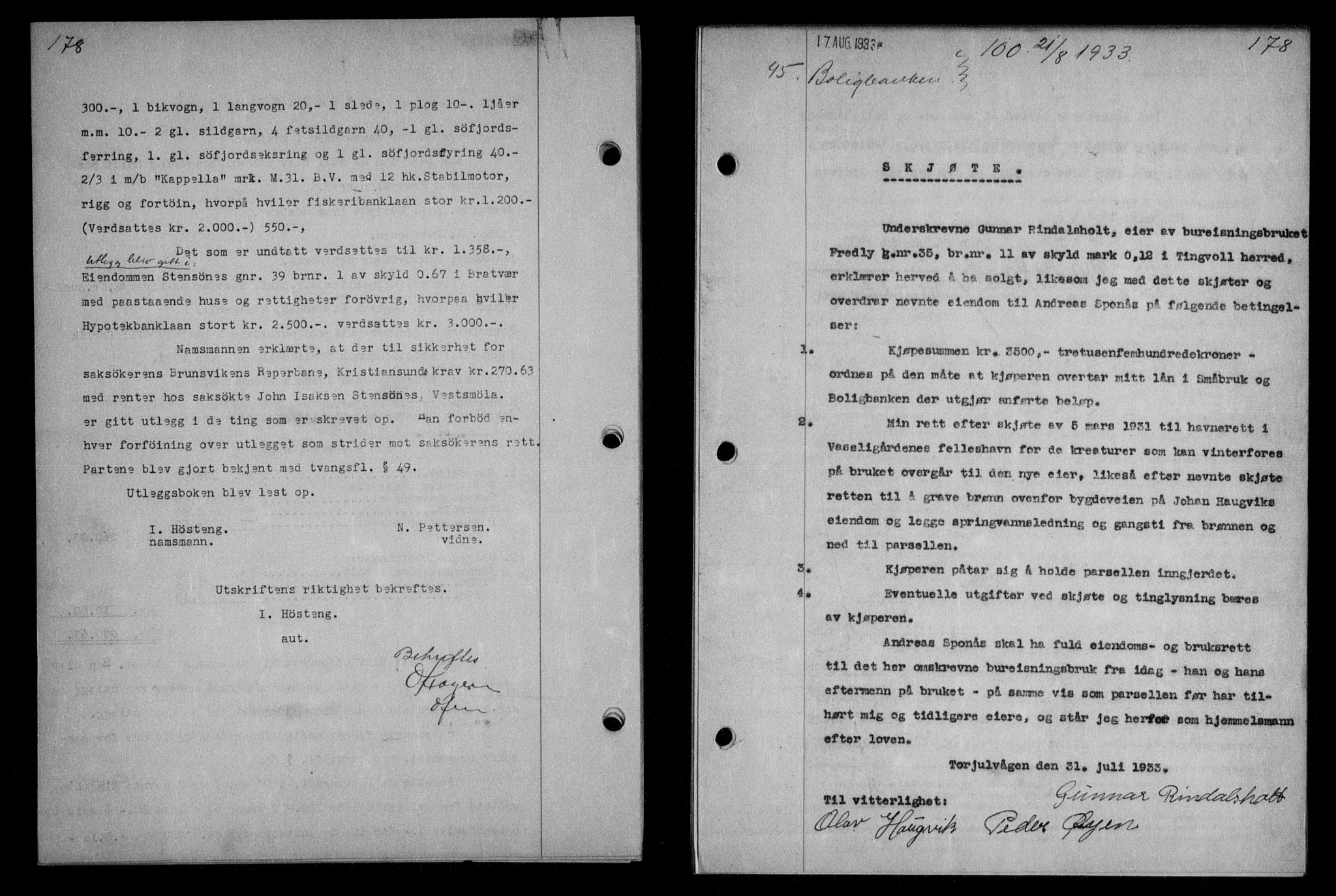 Nordmøre sorenskriveri, AV/SAT-A-4132/1/2/2Ca/L0079: Mortgage book no. 69, 1933-1933, Deed date: 21.08.1933