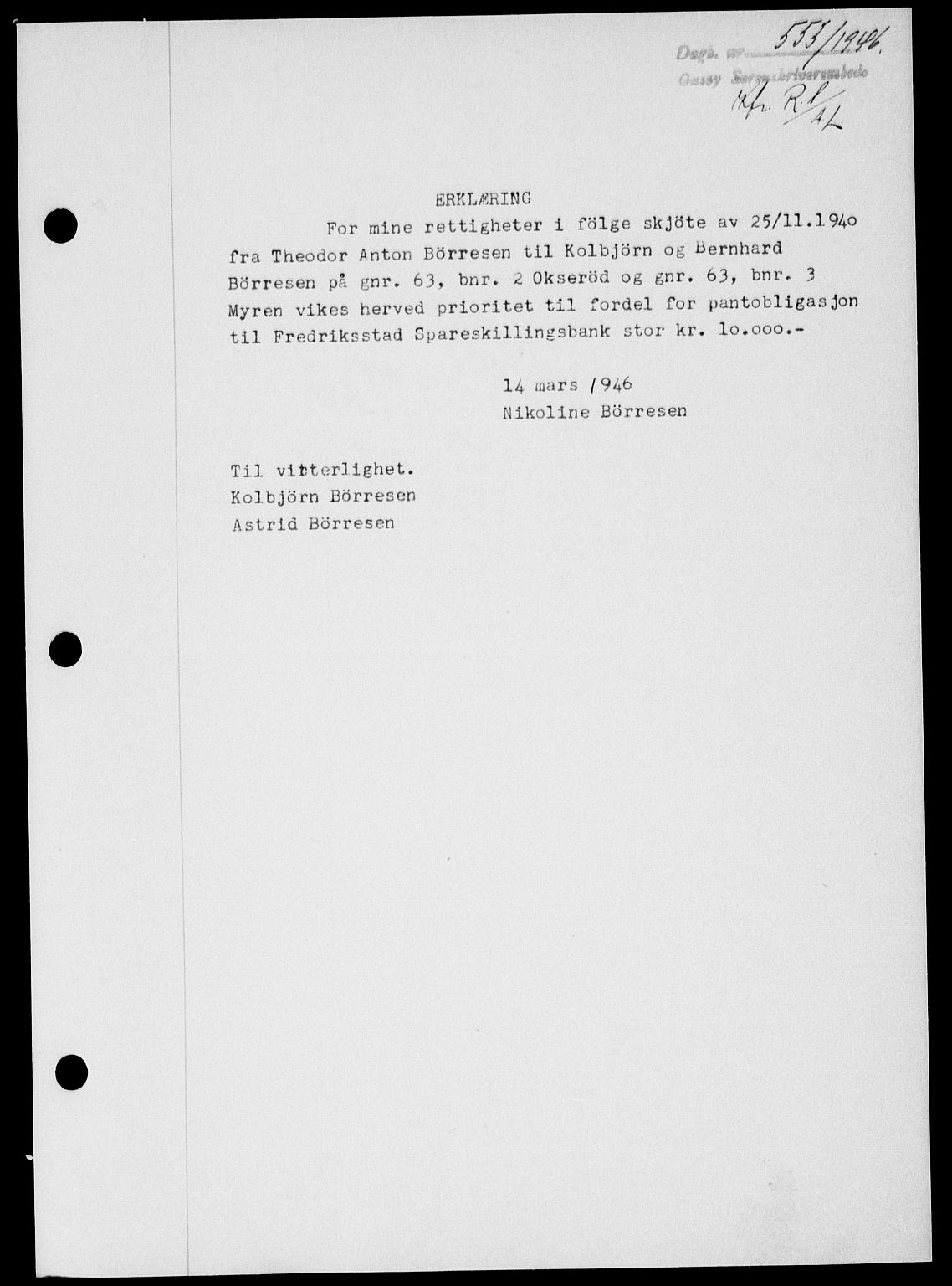 Onsøy sorenskriveri, SAO/A-10474/G/Ga/Gab/L0015: Mortgage book no. II A-15, 1945-1946, Diary no: : 553/1946