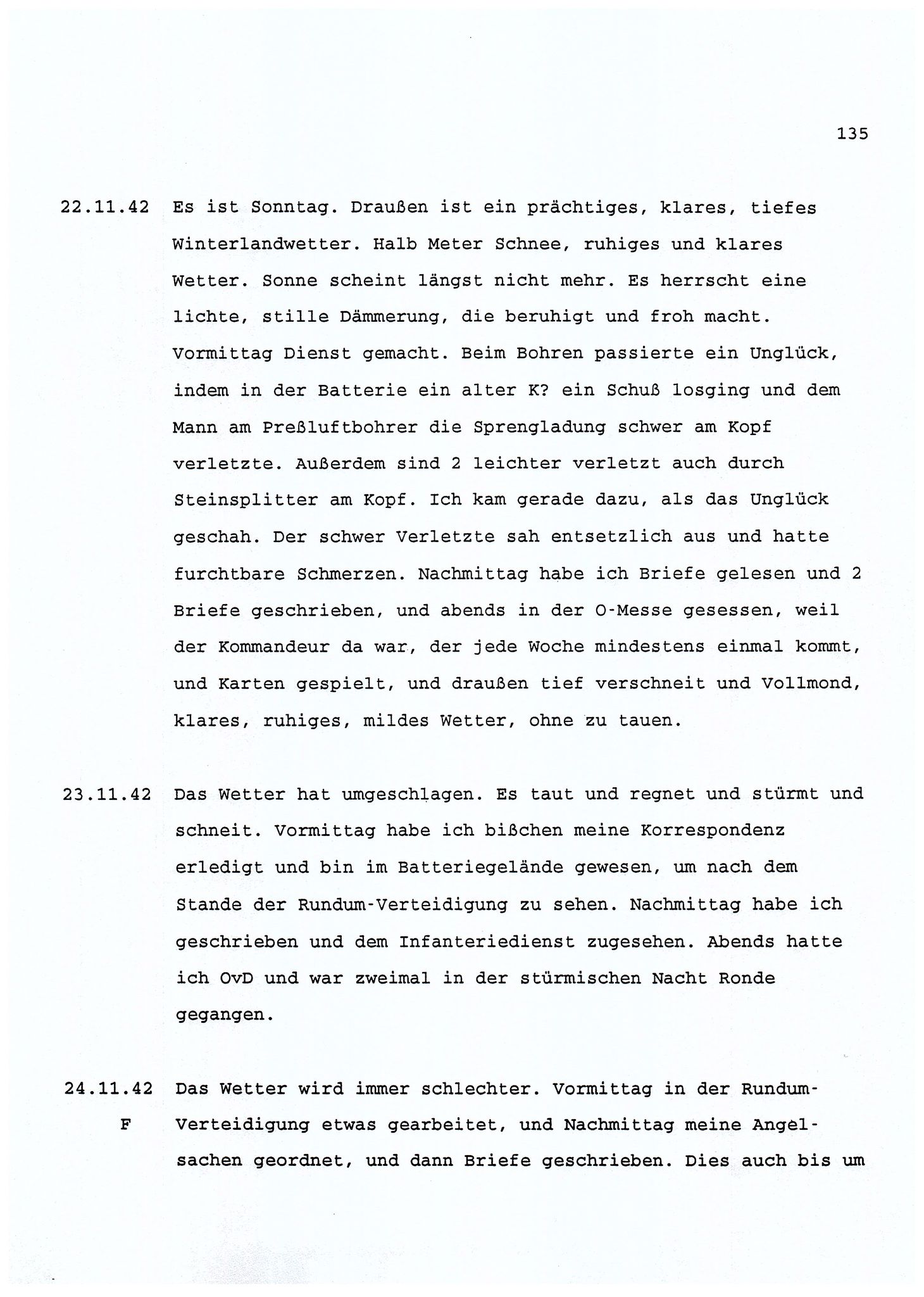 Dagbokopptegnelser av en tysk marineoffiser stasjonert i Norge , FMFB/A-1160/F/L0001: Dagbokopptegnelser av en tysk marineoffiser stasjonert i Norge, 1941-1944, p. 135