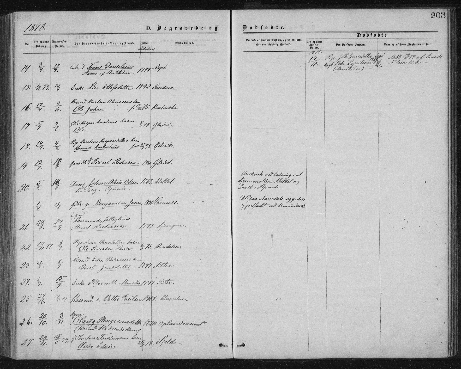 Ministerialprotokoller, klokkerbøker og fødselsregistre - Nord-Trøndelag, AV/SAT-A-1458/771/L0596: Parish register (official) no. 771A03, 1870-1884, p. 203