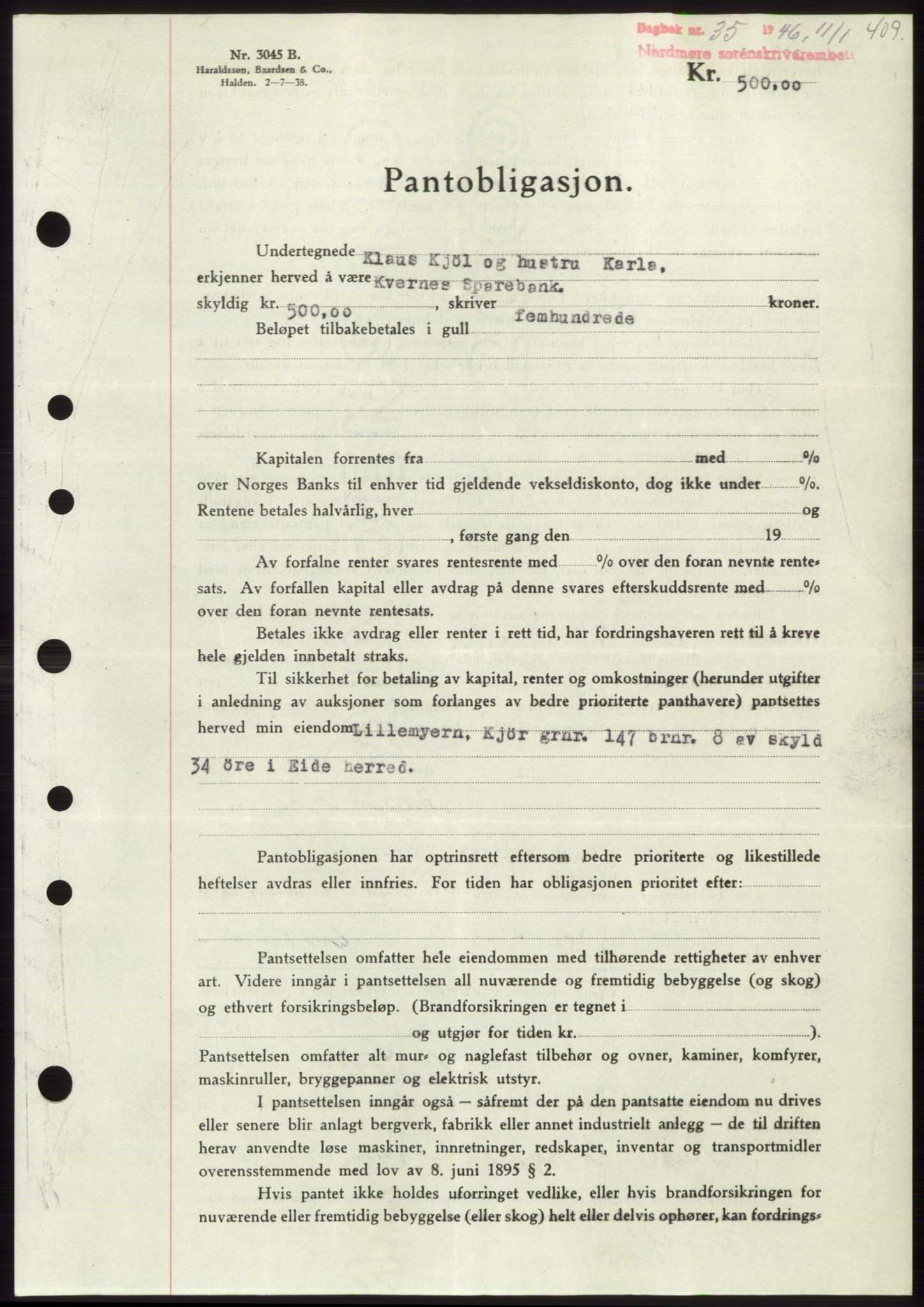 Nordmøre sorenskriveri, AV/SAT-A-4132/1/2/2Ca: Mortgage book no. B93b, 1946-1946, Diary no: : 35/1946