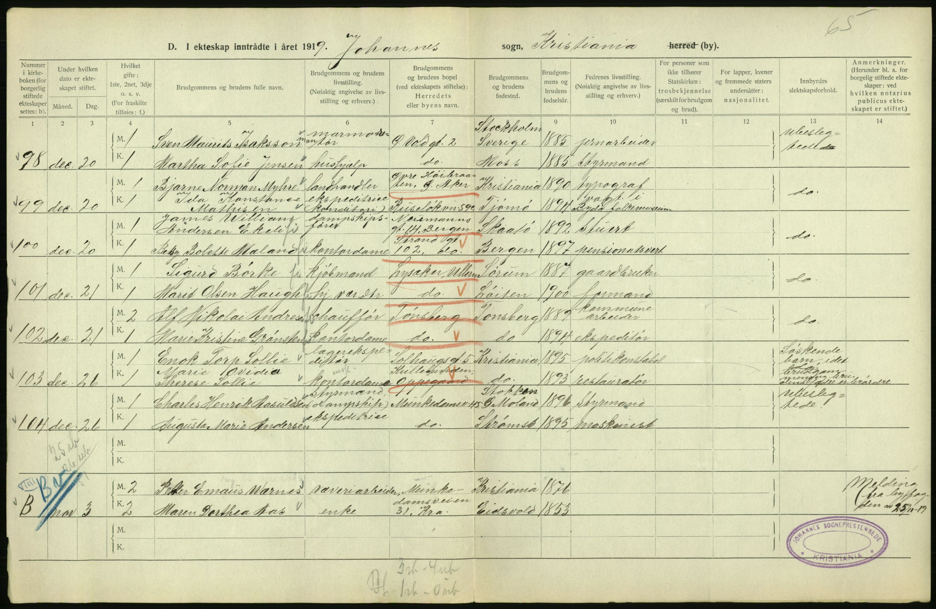 Statistisk sentralbyrå, Sosiodemografiske emner, Befolkning, AV/RA-S-2228/D/Df/Dfb/Dfbi/L0009: Kristiania: Gifte, 1919, p. 164