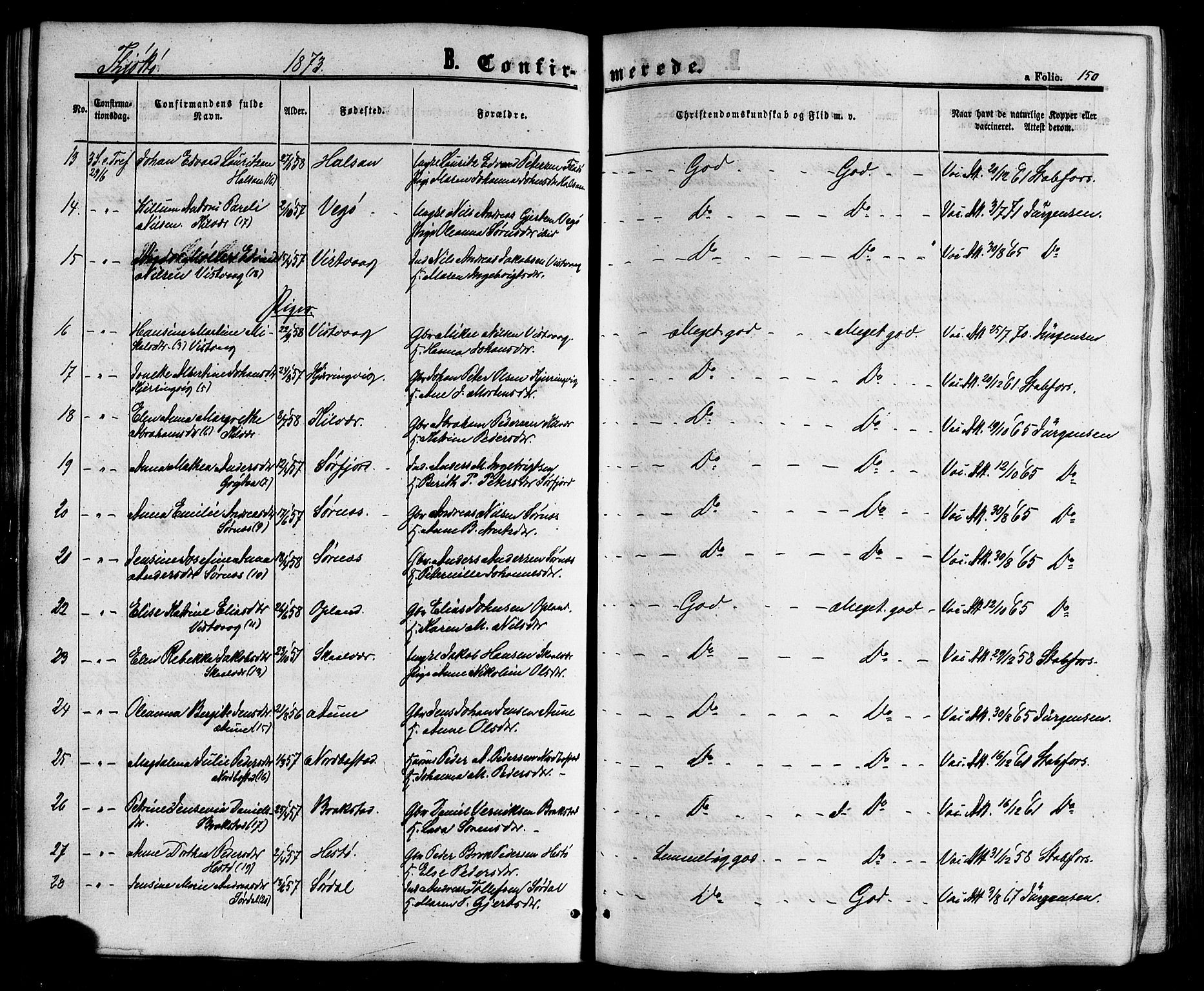Ministerialprotokoller, klokkerbøker og fødselsregistre - Nordland, SAT/A-1459/817/L0262: Parish register (official) no. 817A03/ 1, 1862-1877, p. 150
