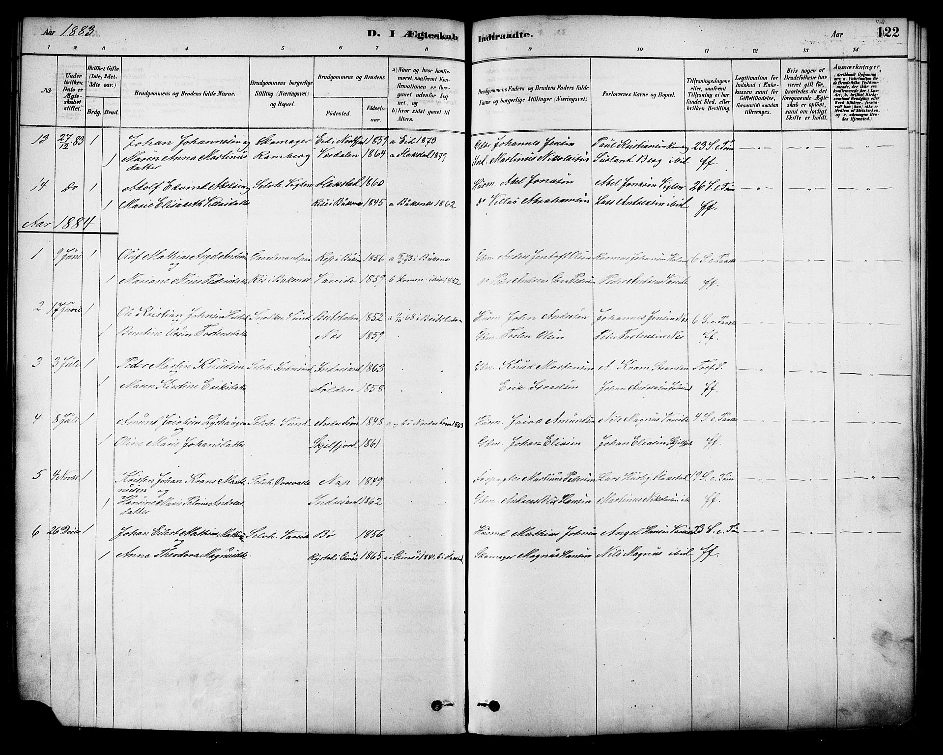 Ministerialprotokoller, klokkerbøker og fødselsregistre - Nordland, AV/SAT-A-1459/885/L1204: Parish register (official) no. 885A05, 1878-1892, p. 122