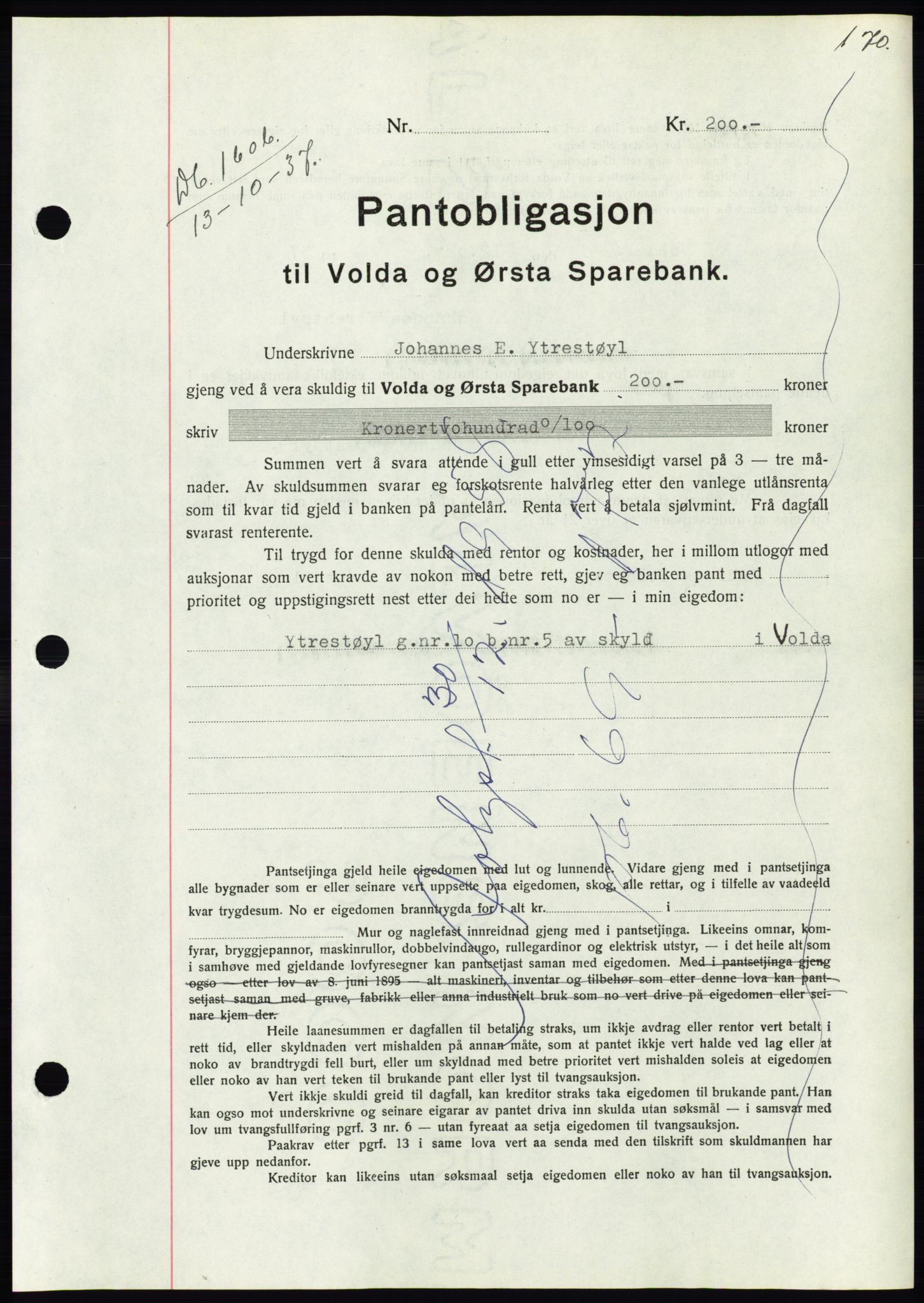 Søre Sunnmøre sorenskriveri, AV/SAT-A-4122/1/2/2C/L0064: Mortgage book no. 58, 1937-1938, Diary no: : 1606/1937