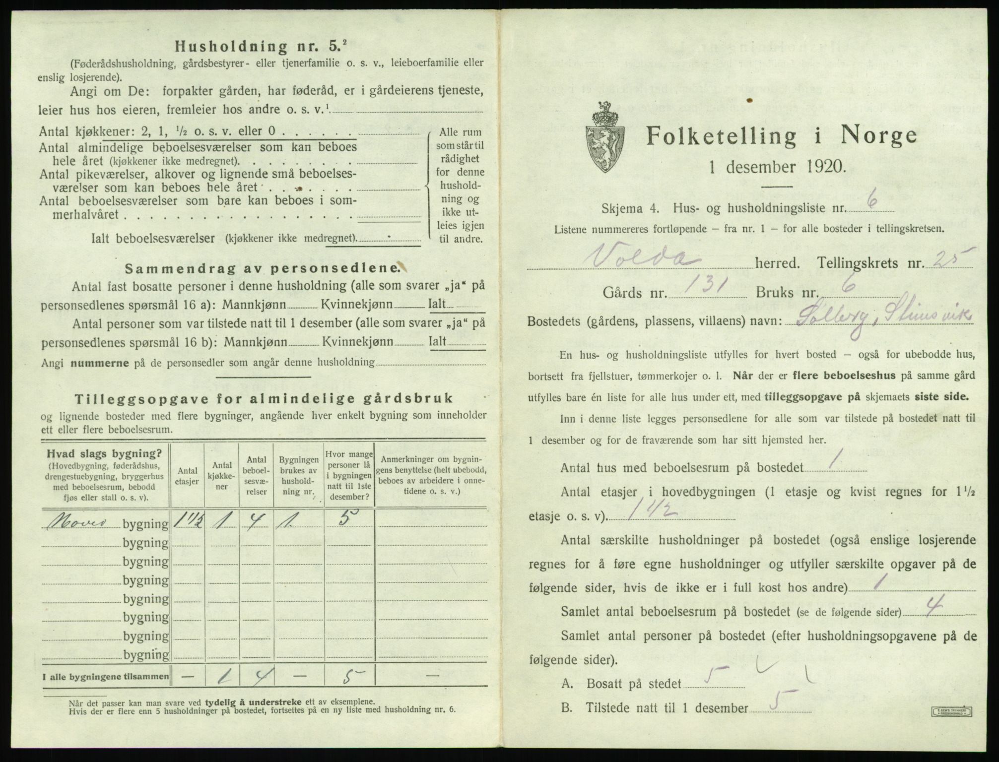 SAT, 1920 census for Volda, 1920, p. 1640