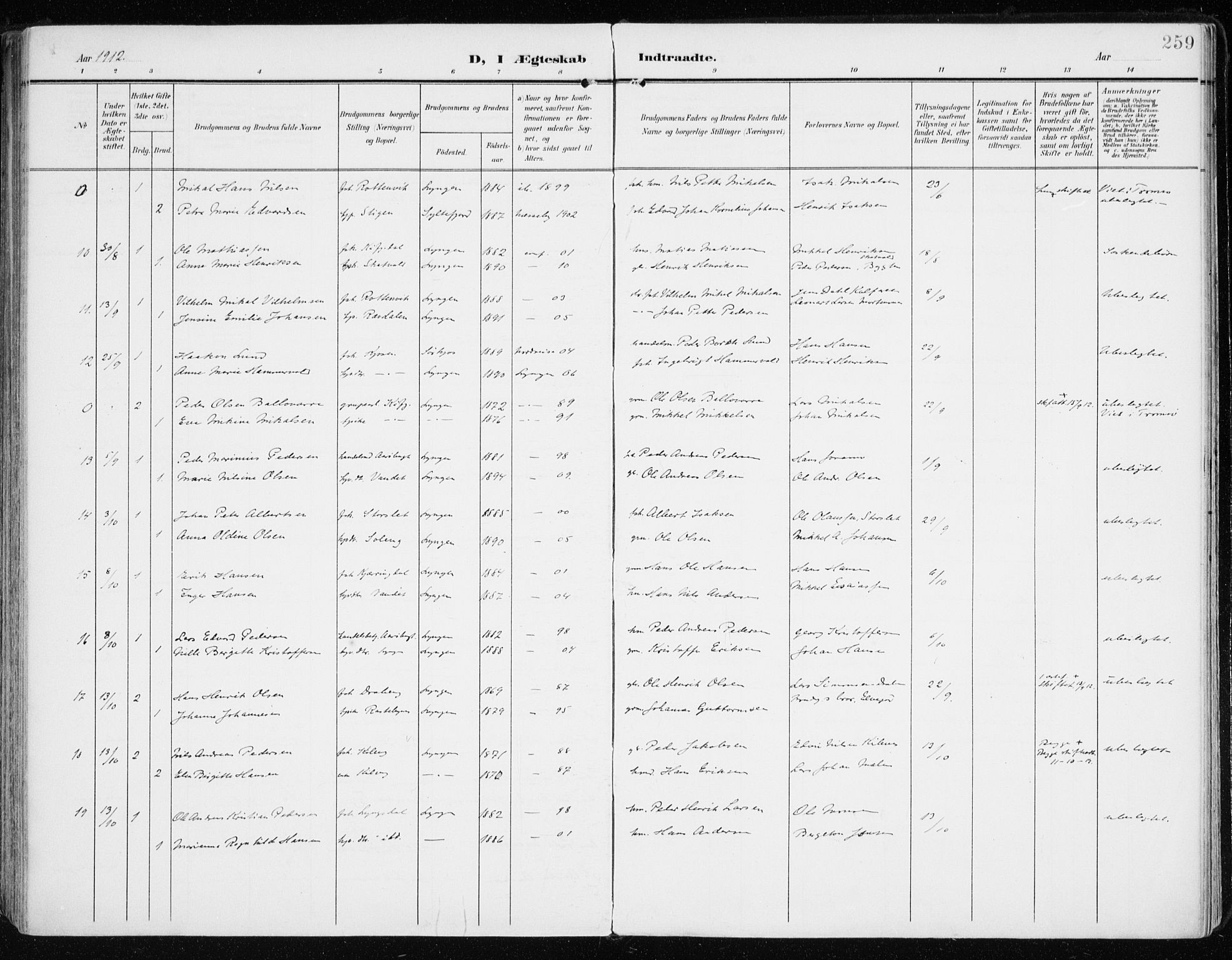 Lyngen sokneprestembete, AV/SATØ-S-1289/H/He/Hea/L0011kirke: Parish register (official) no. 11, 1903-1913, p. 259