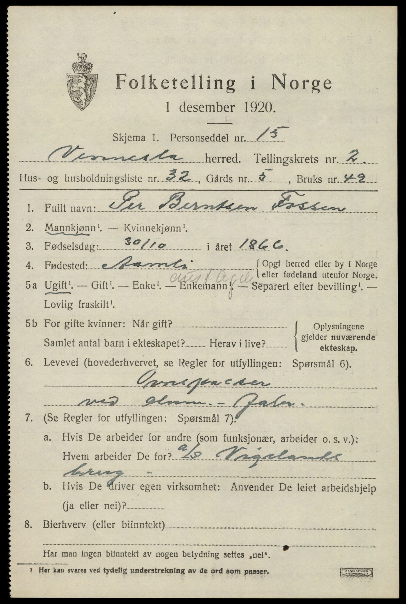 SAK, 1920 census for Vennesla, 1920, p. 1906