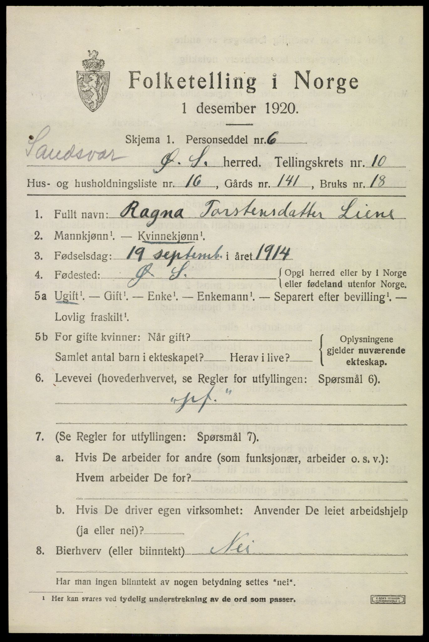 SAKO, 1920 census for Øvre Sandsvær, 1920, p. 5728