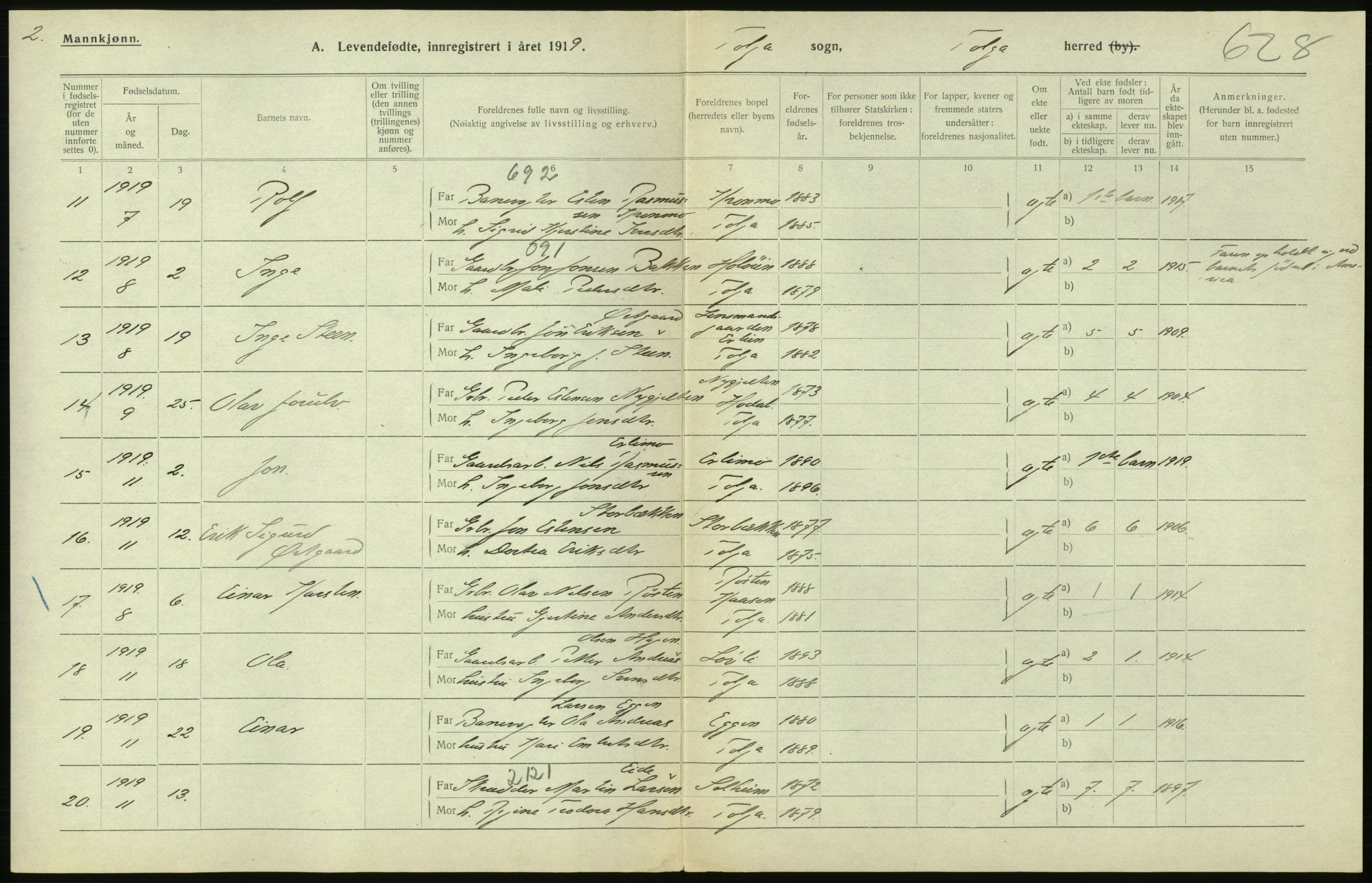 Statistisk sentralbyrå, Sosiodemografiske emner, Befolkning, RA/S-2228/D/Df/Dfb/Dfbi/L0012: Hedmark fylke: Levendefødte menn og kvinner. Bygder og byer., 1919, p. 388