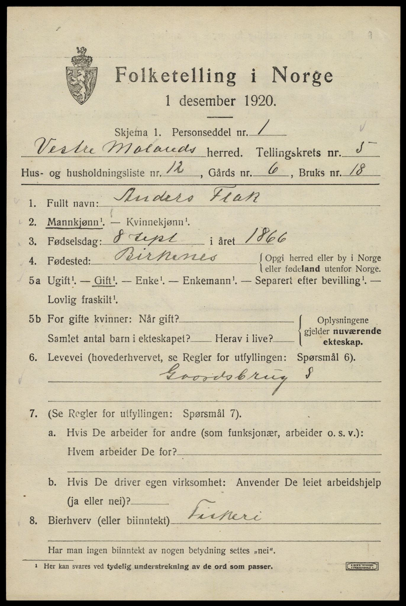 SAK, 1920 census for Vestre Moland, 1920, p. 3907