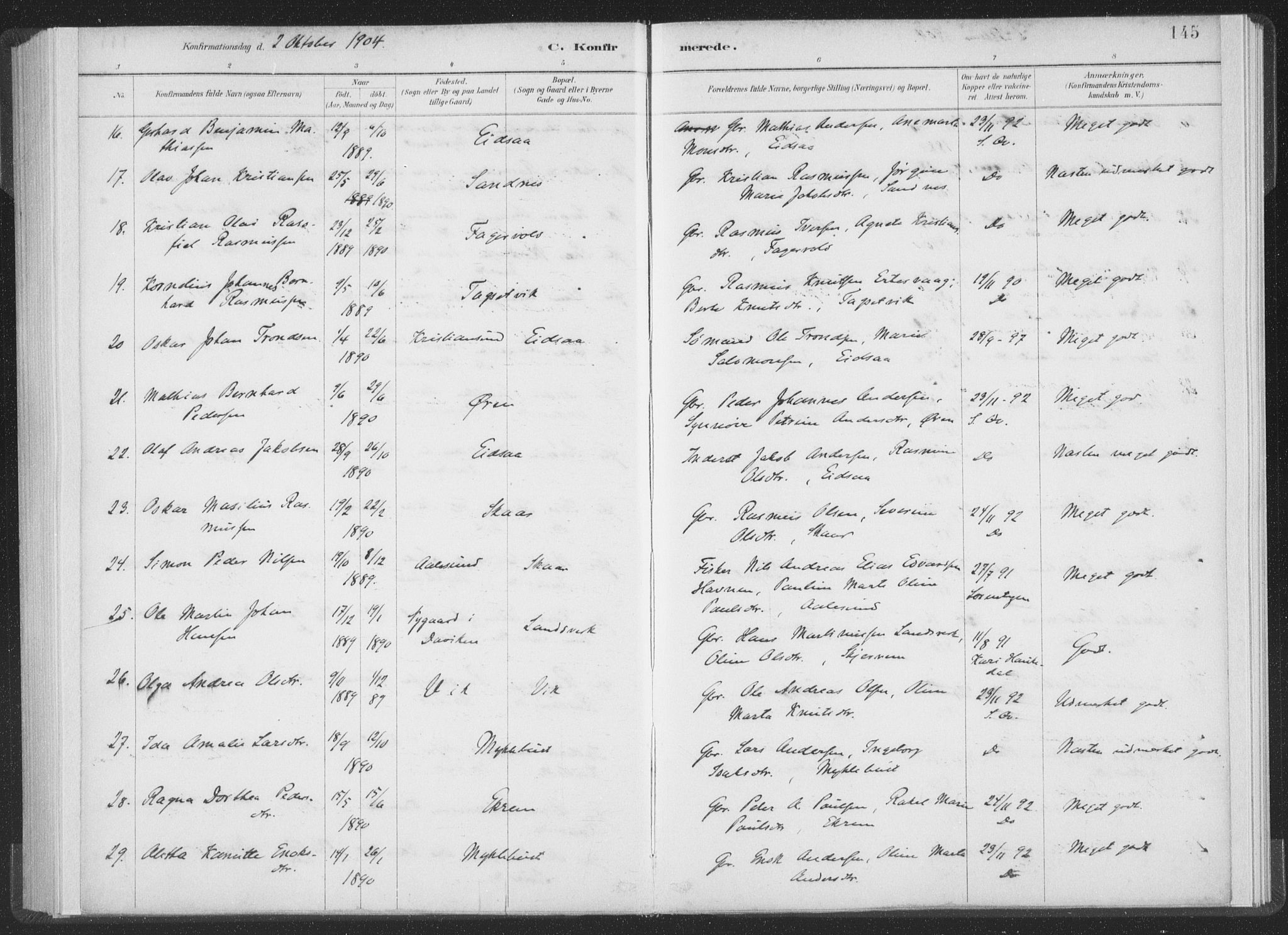 Ministerialprotokoller, klokkerbøker og fødselsregistre - Møre og Romsdal, AV/SAT-A-1454/502/L0025: Parish register (official) no. 502A03, 1885-1909, p. 145