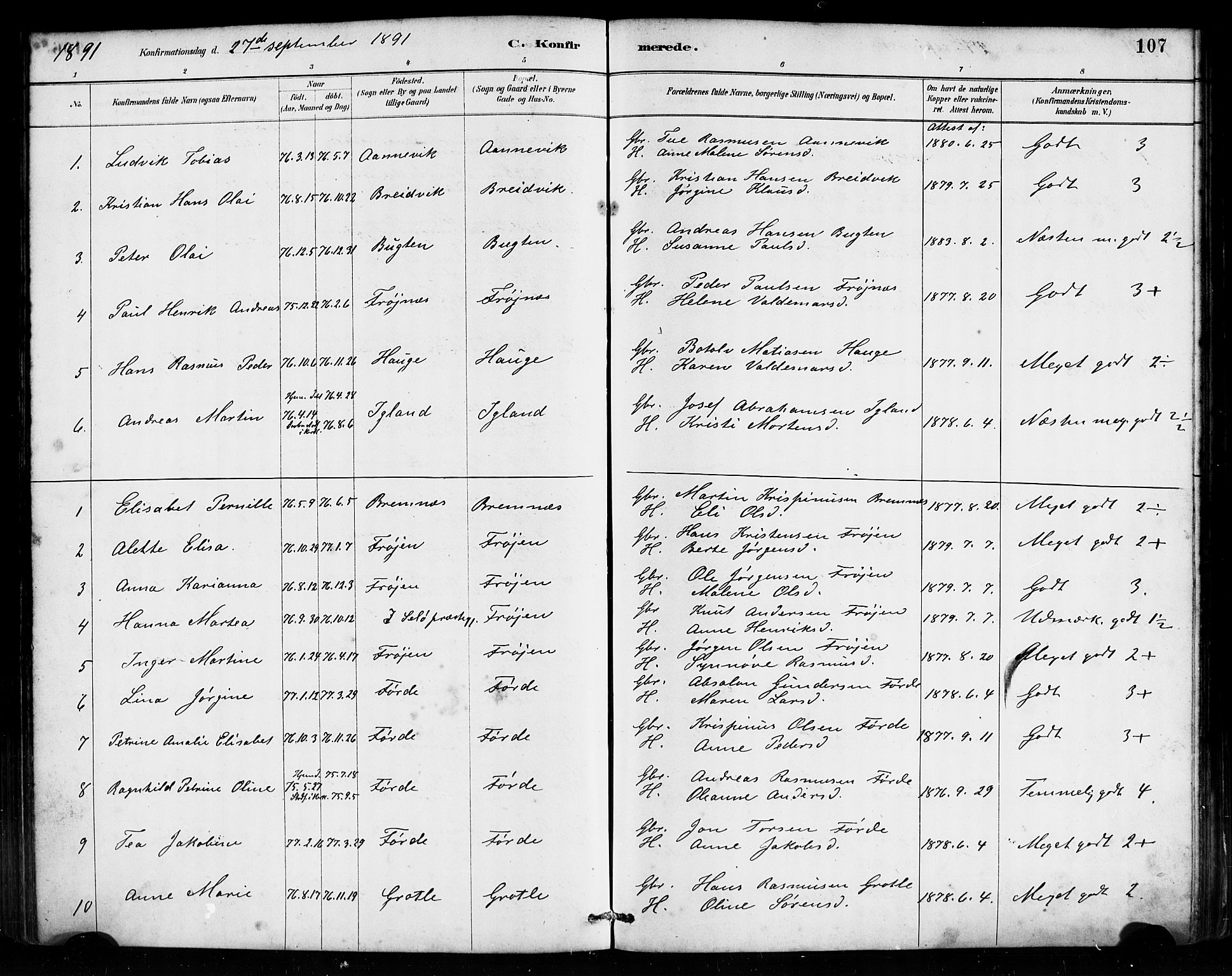 Bremanger sokneprestembete, SAB/A-82201/H/Haa/Haab/L0001: Parish register (official) no. B 1, 1884-1895, p. 107