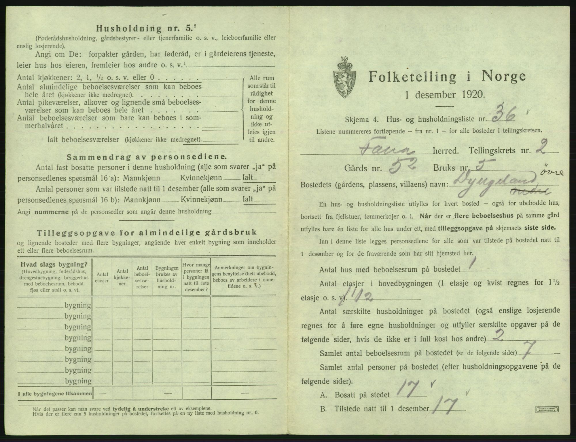 SAB, 1920 census for Fana, 1920, p. 265