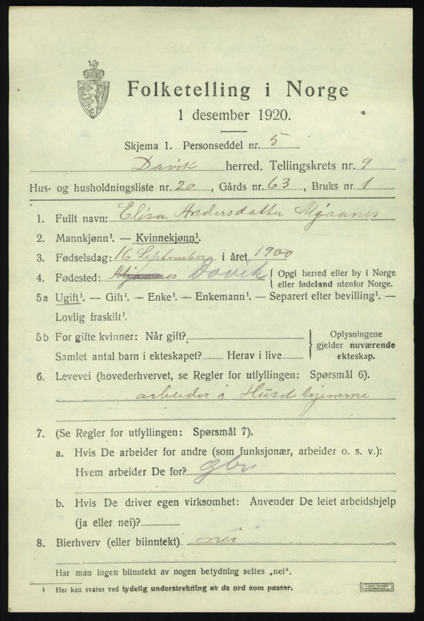 SAB, 1920 census for Davik, 1920, p. 5051