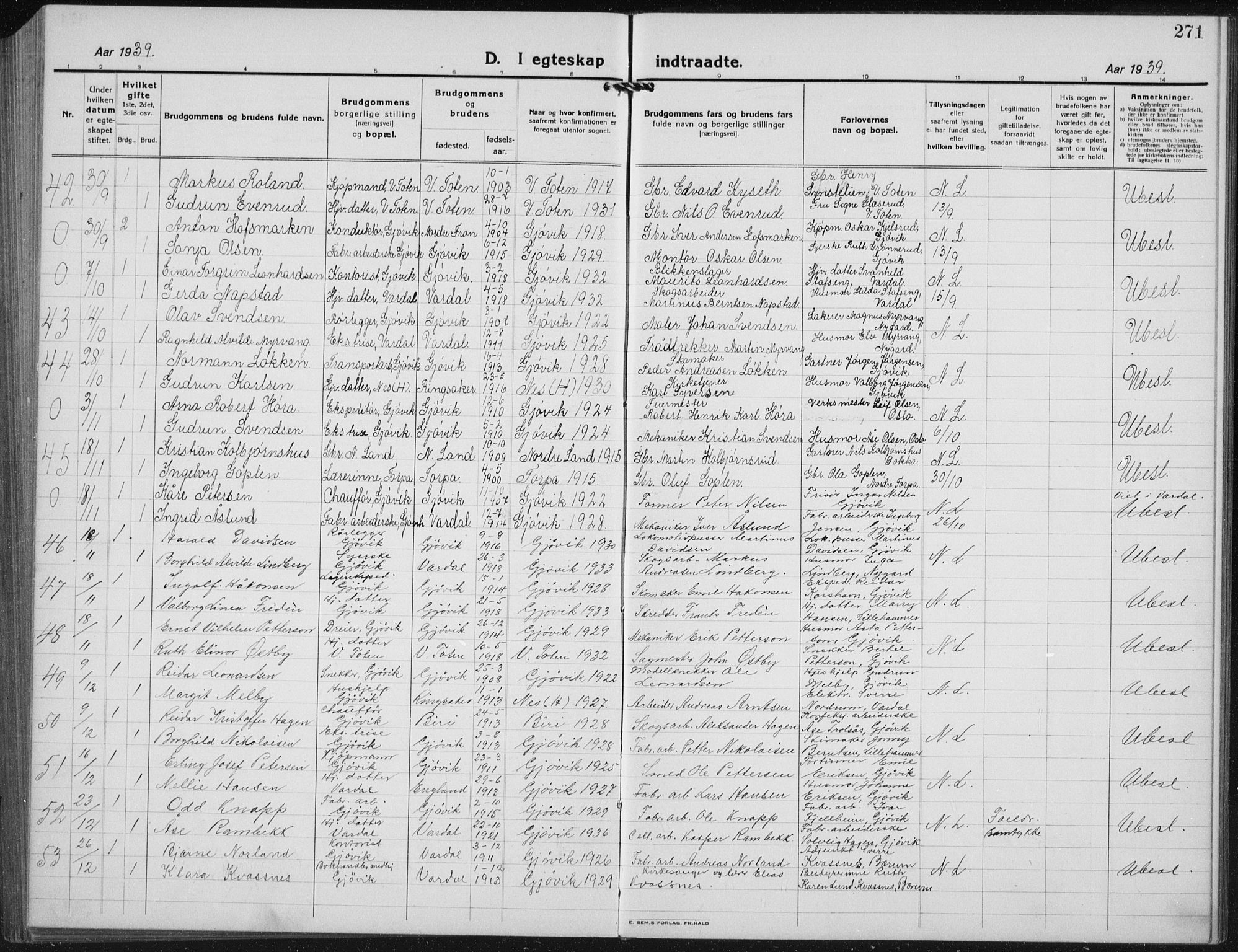 Vardal prestekontor, AV/SAH-PREST-100/H/Ha/Hab/L0017: Parish register (copy) no. 17, 1922-1941, p. 271