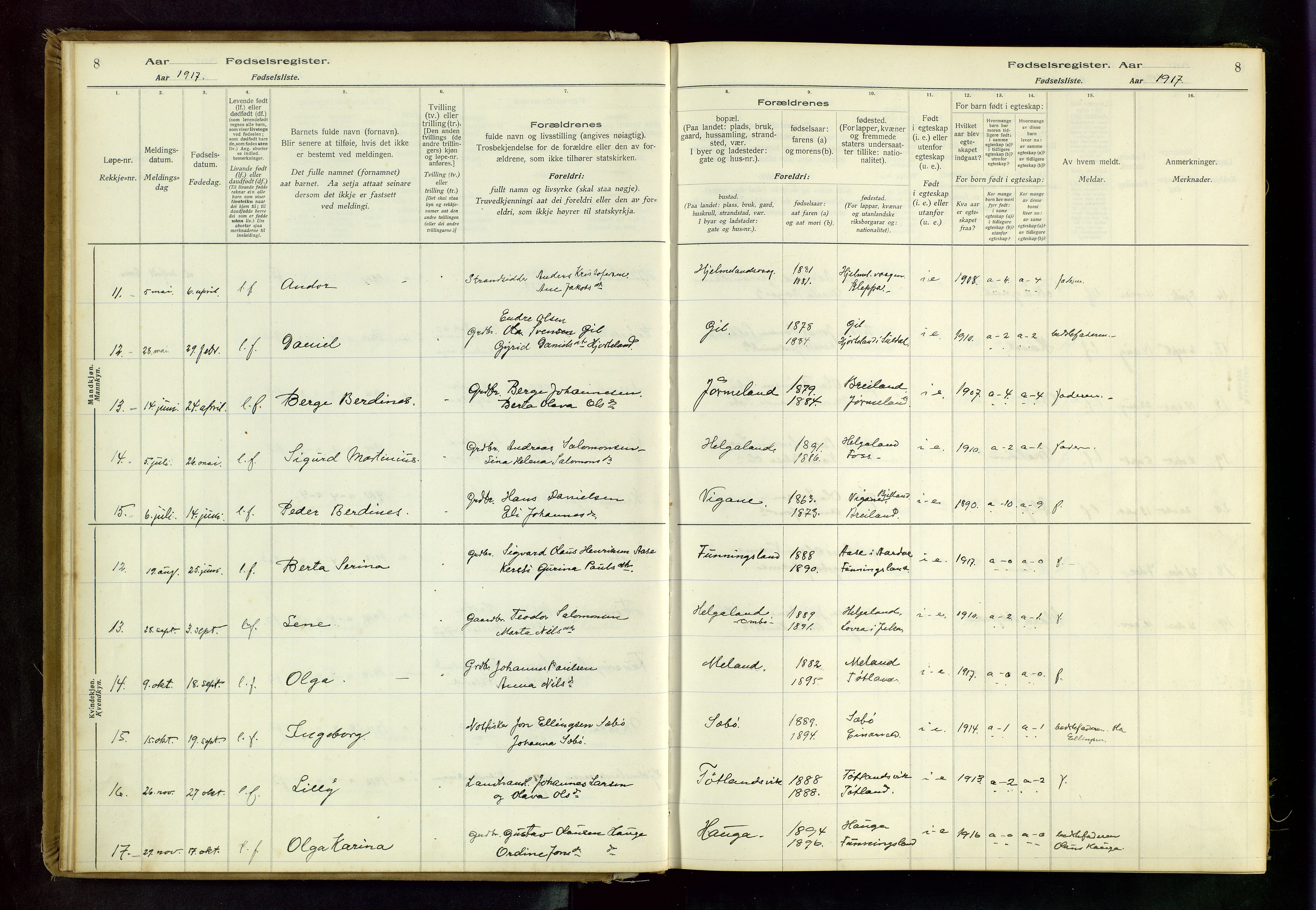 Hjelmeland sokneprestkontor, AV/SAST-A-101843/02/B/L0001: Birth register no. 1, 1916-1963, p. 8